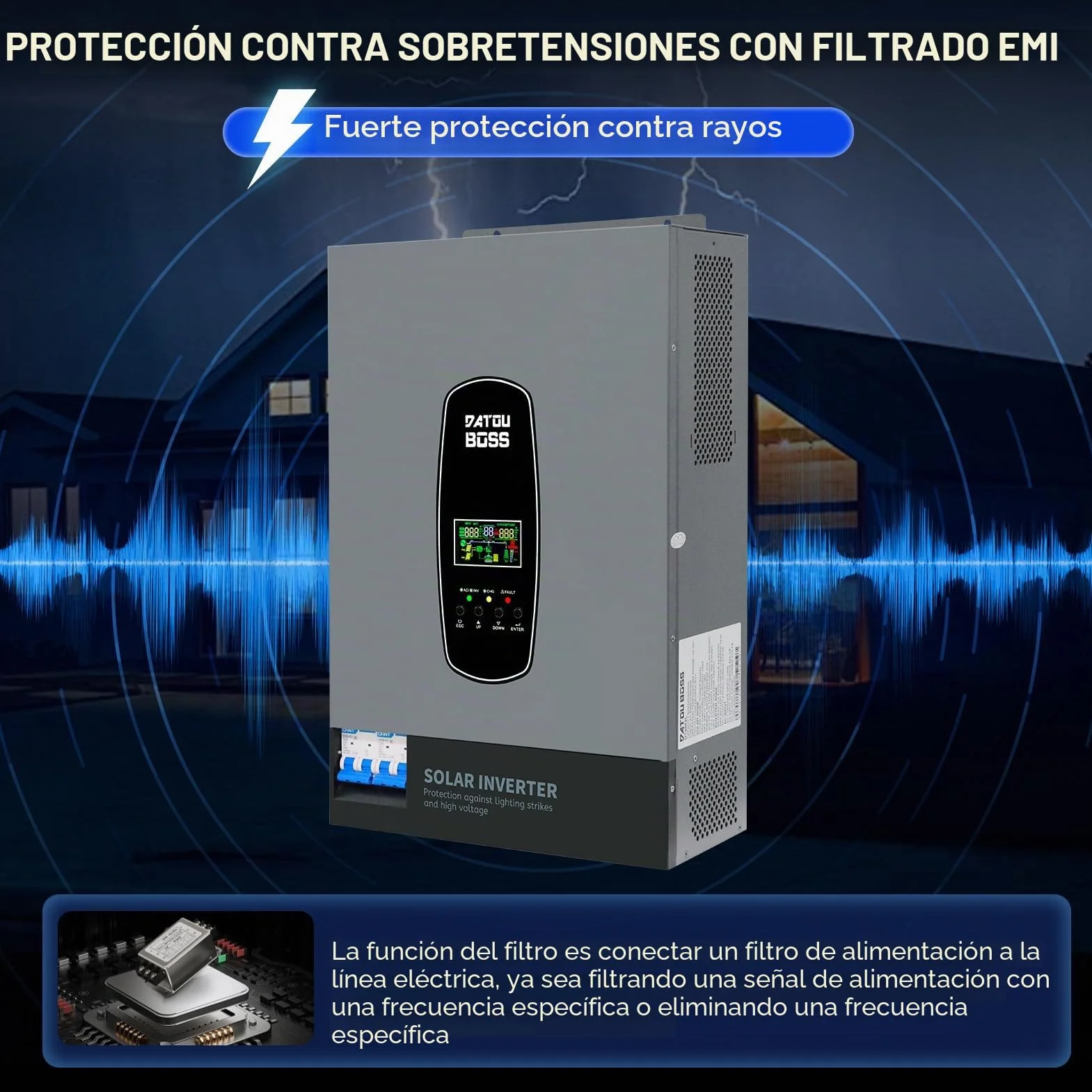 DATOUBOSS Inversor de corriente solar híbrido de 6200 W, 48 V CC a 230 V CA, inversor de onda sinusoica pura con MPPT de 120 A, entrada fotovoltaica de 8500 W, compatible con baterías de litio de 48 V