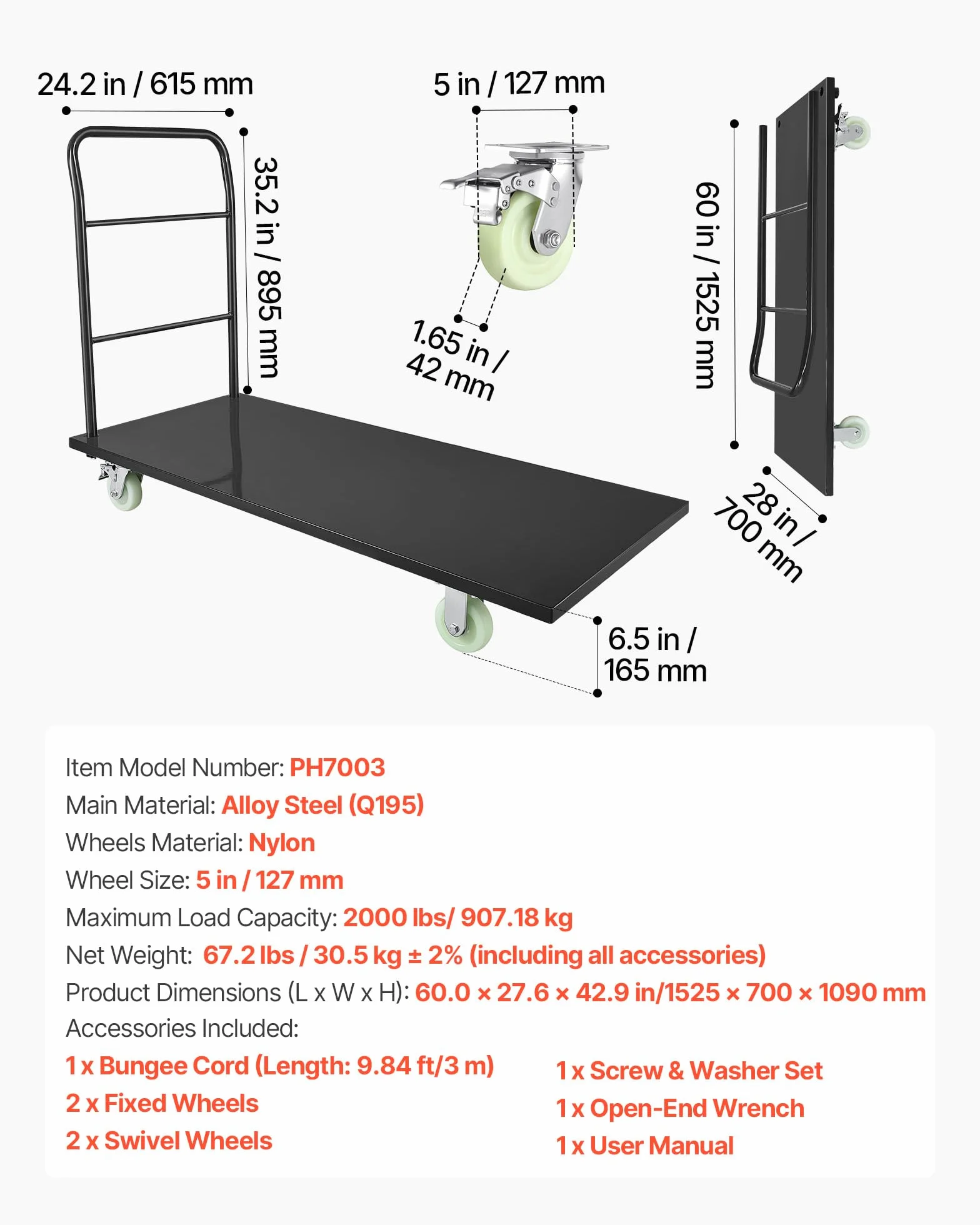 VEVOR Carro Plataforma Plegable 1525x700 mm para Trabajo Pesado, Carretilla de Transporte Carga de 907 kg, Carrito Portaequipajes con Plataforma con Ruedas, para Tareas Domésticas, Almacén, Mudanza
