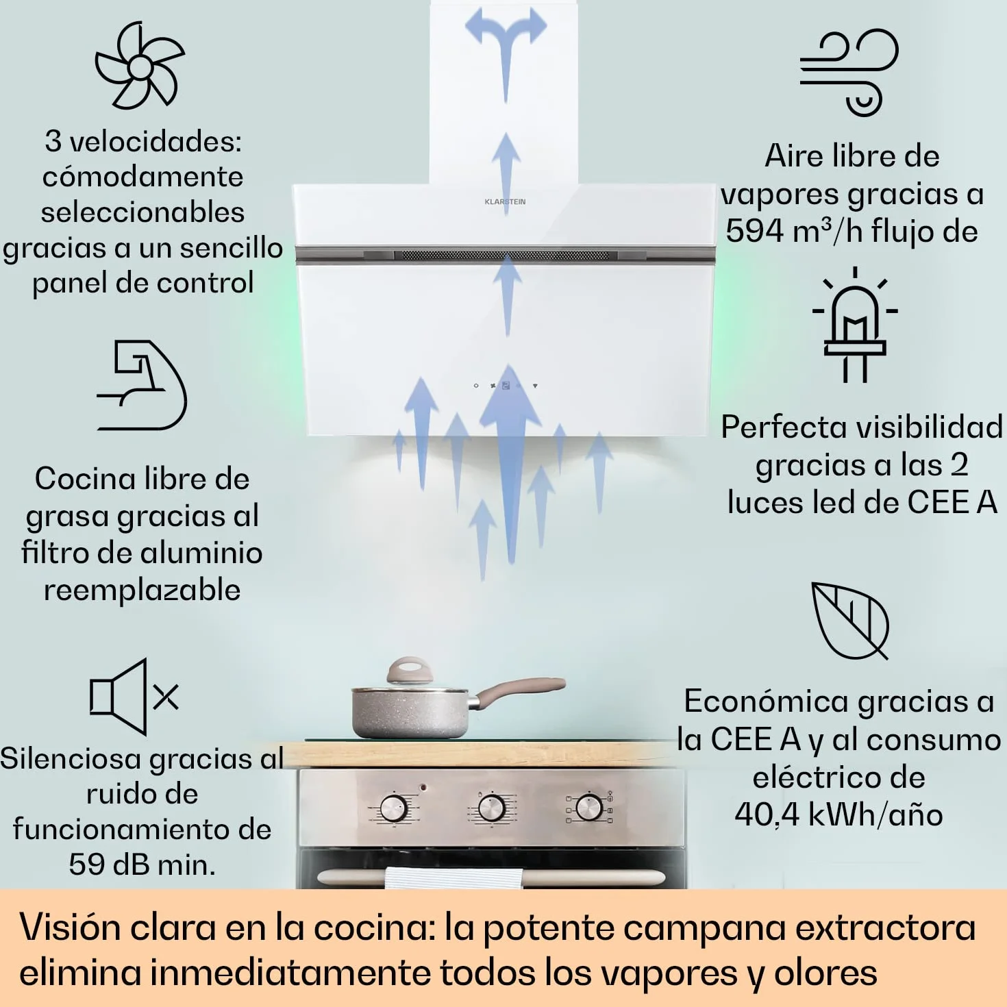 Klarstein Campana Extractora Decorativa 60 cm Luces LED, Flujo Aire 594m³/h, Control de Panel Táctil, Extractores de cocina con Anti Grasa, Eficiencia Clase A