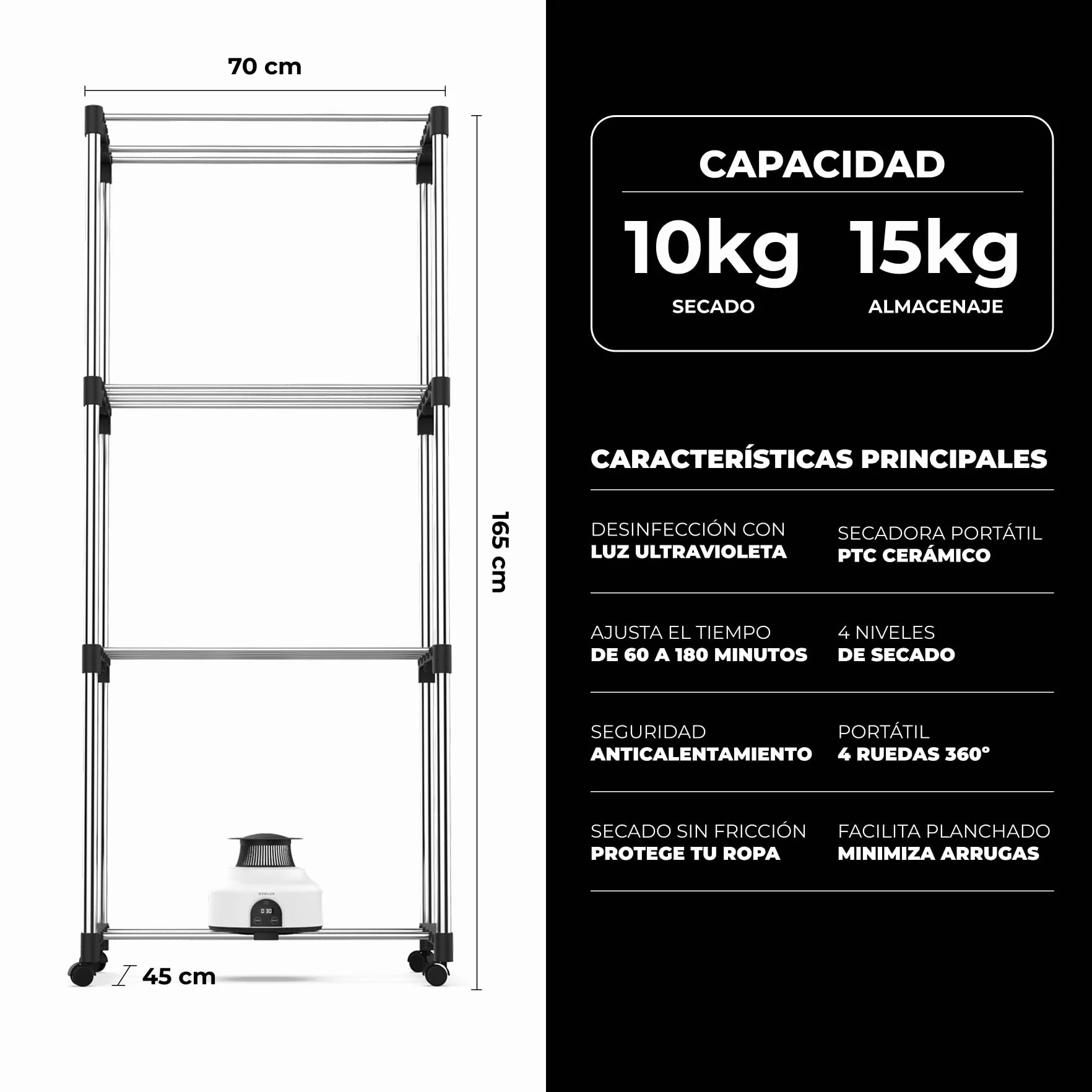 NEWLUX Secadora de Ropa Eléctrica Portátil 15Kg 1200W Luz UV 4 Niveles 180min Negro