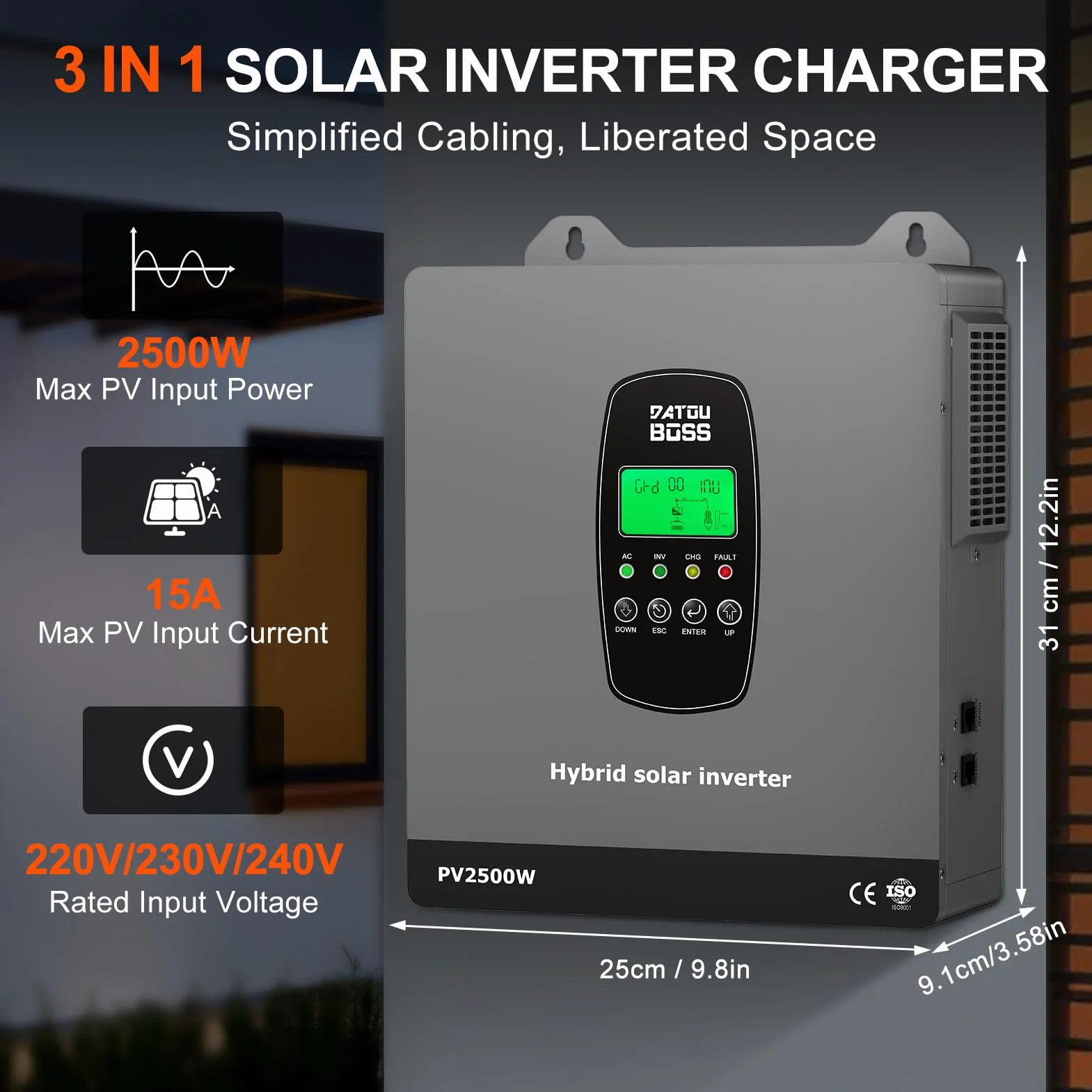 DATOUBOSS Inversor Solar Híbrido 1800W 12V Onda Sinusoidal Pura, de 12V CC a 220V/230V CA con Regulador Solar MPPT, Sistema de Protección BMS, para Baterías de Litio (12V-1800W)