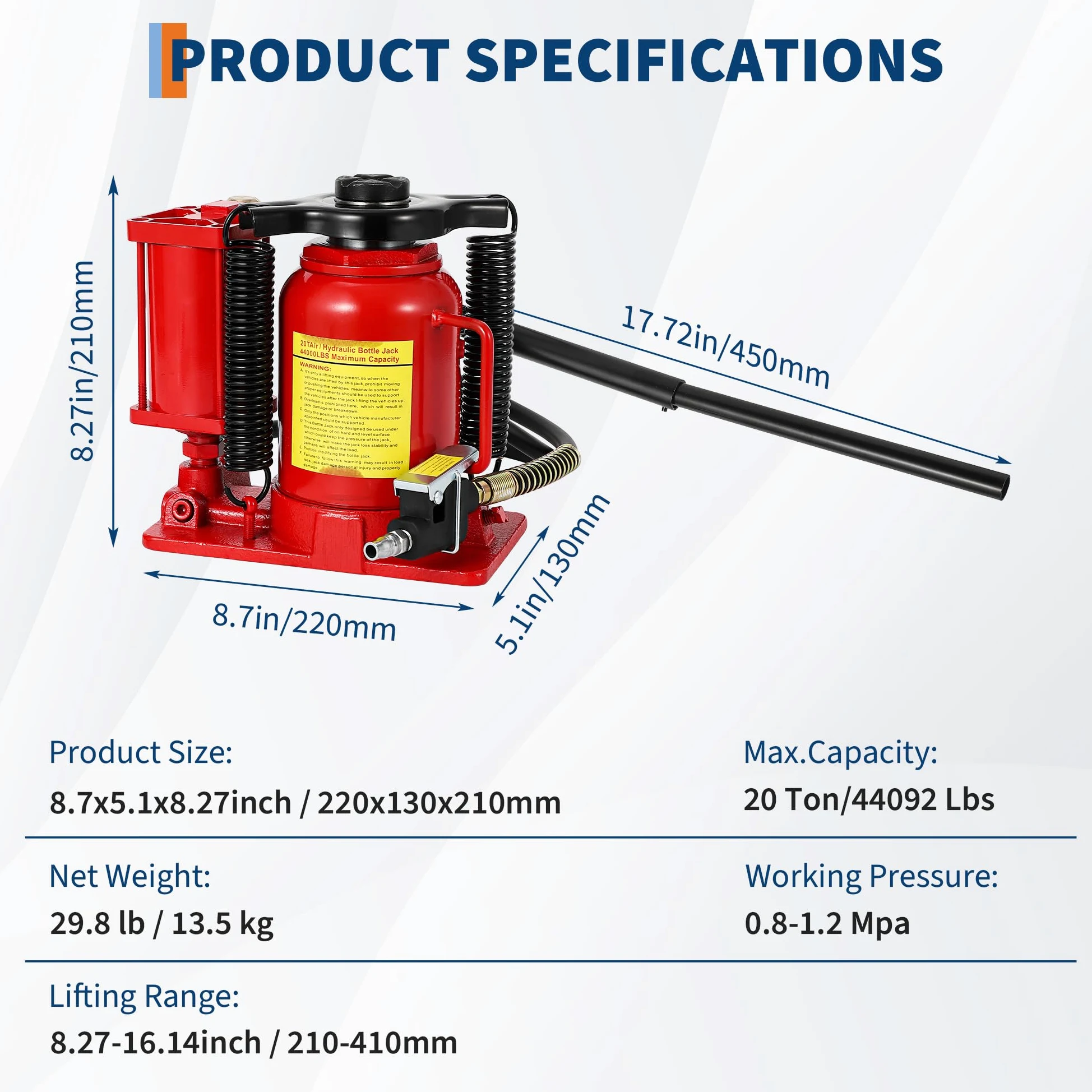 Gato hidráulico y neumático de 20T, altura de elevación 260-510 mm, gato compacto de acero para botellas, neumático y manual para taller y taller de automóviles