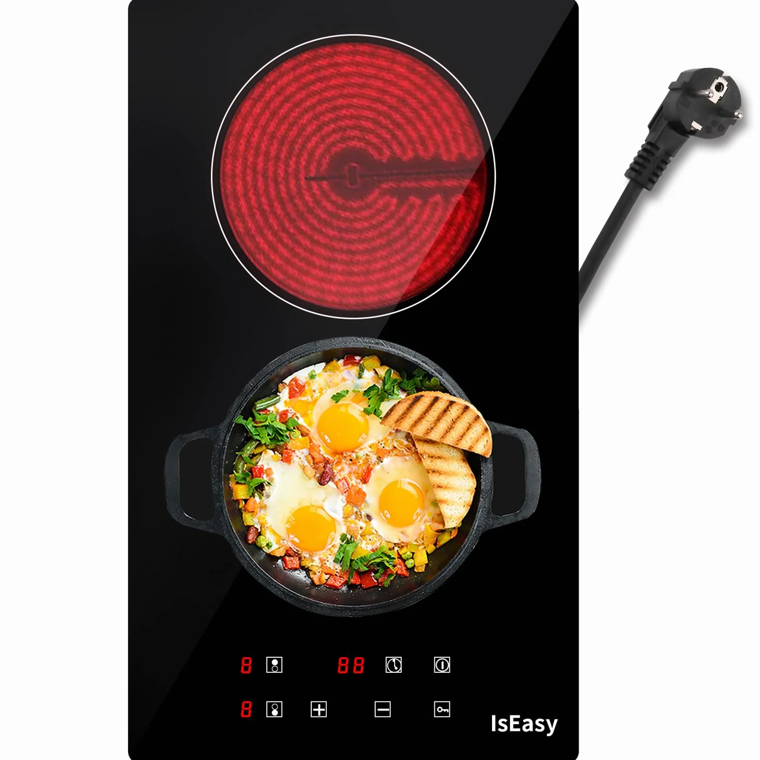 Placa de vitrocerámica IsEasy 3000 W 29,5 cm 2 zonas cocción 9 niveles calor temporizador control táctil