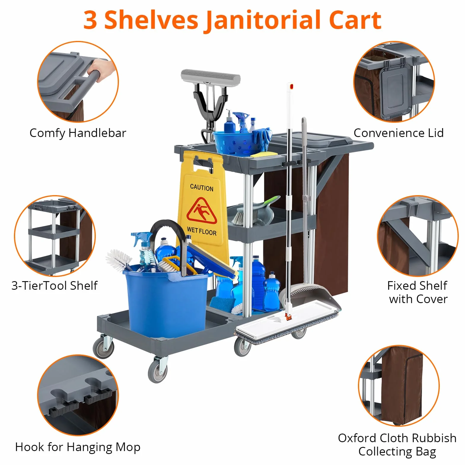 Carro de Limpieza Comercial,Carro Limpieza Profesional para Hoteles y Hospitales con Estantes, Carro de Servicio con 6 Ruedas y Bolsa de Vinilo para Oficina y Hotel, Capacidad de 300 LB