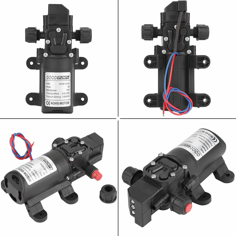 Bomba de Agua 12 V, Autocebante de Alta Presión Bomba de Diafragma de Agua, 0,9 Mpa 6 l/min DC 12V 6A 70W, para Caravana Camping Barco Irrigación Riego