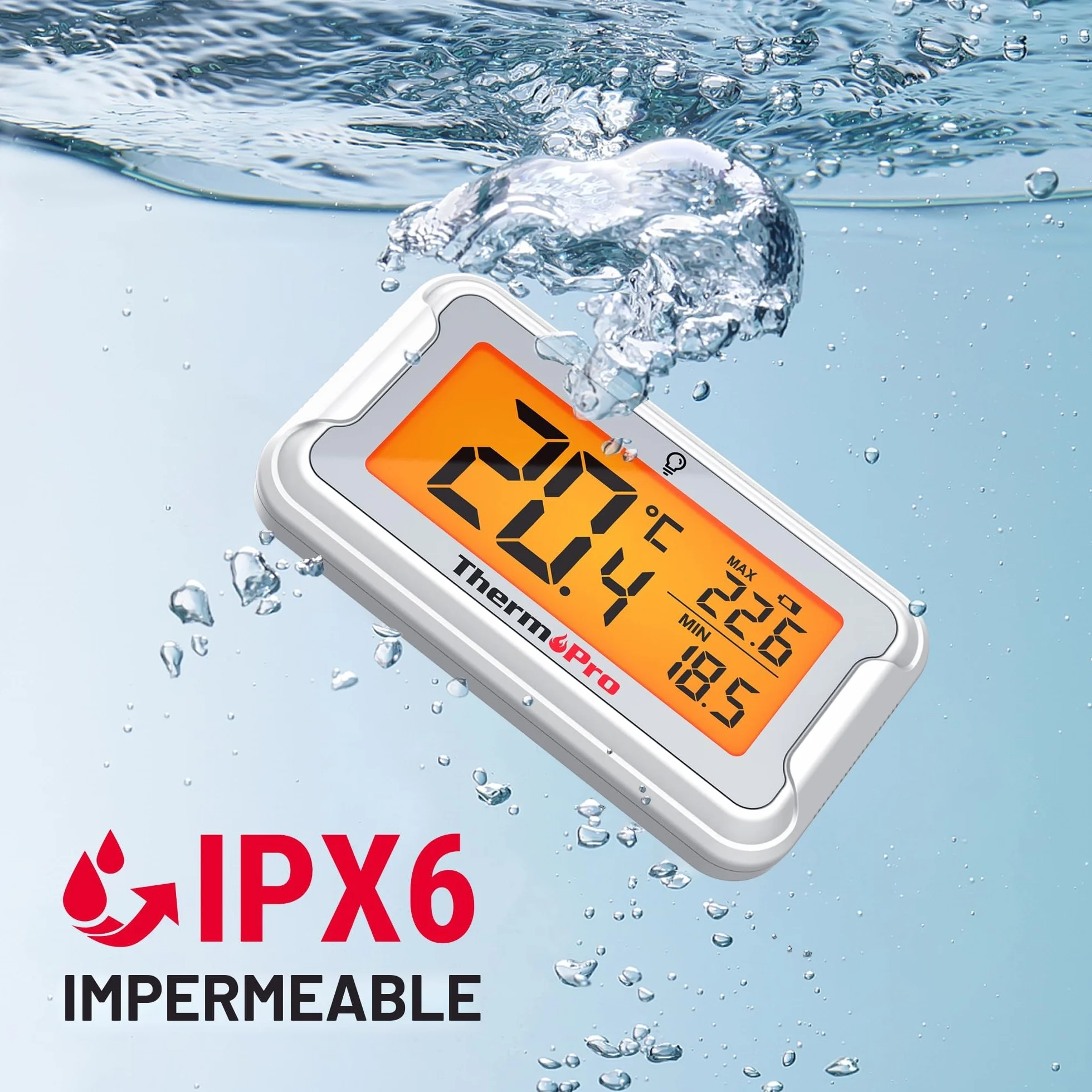 ThermoPro TP110 Termómetro Frigorífico Digital, Nevera y Congelador con Pantalla LCD, Registro MAX/MIN 24h, IPX6 Impermeable