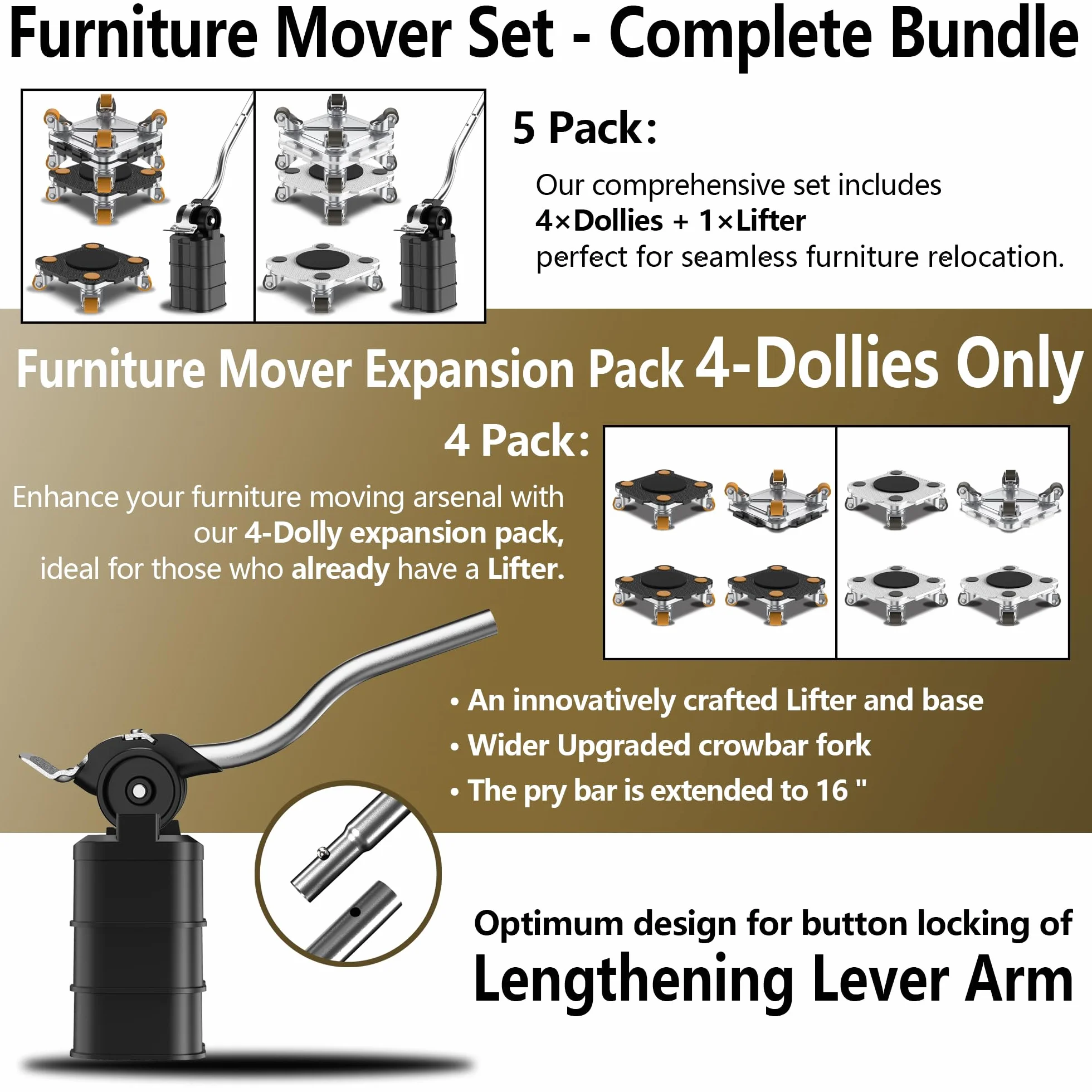 ONEON Mover Muebles con Ruedas 360° para Muebles Pesados 400 KG Elevador Auxiliar Dolly Connect Pro Negro
