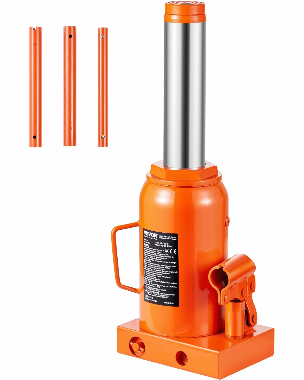 VEVOR Gato Hidráulico de Botella 30 T Manual Rango Elevación 285-475 mm Mango Largo 3 Secciones