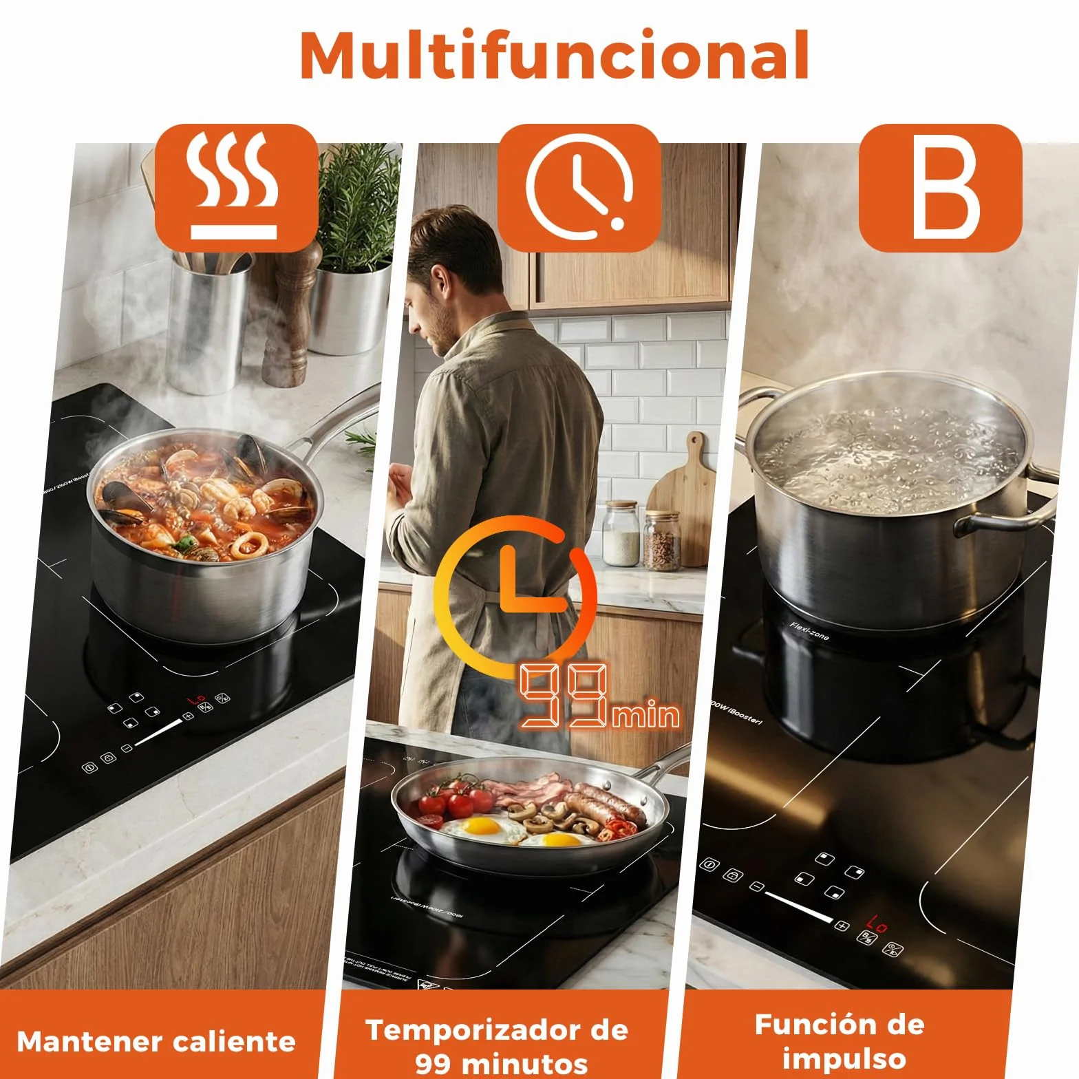 Topwish Plaque Induction 4 Feux 60cm Encastrable 7200W avec Booster 9 Niveaux Minuterie Sécurité Enfant