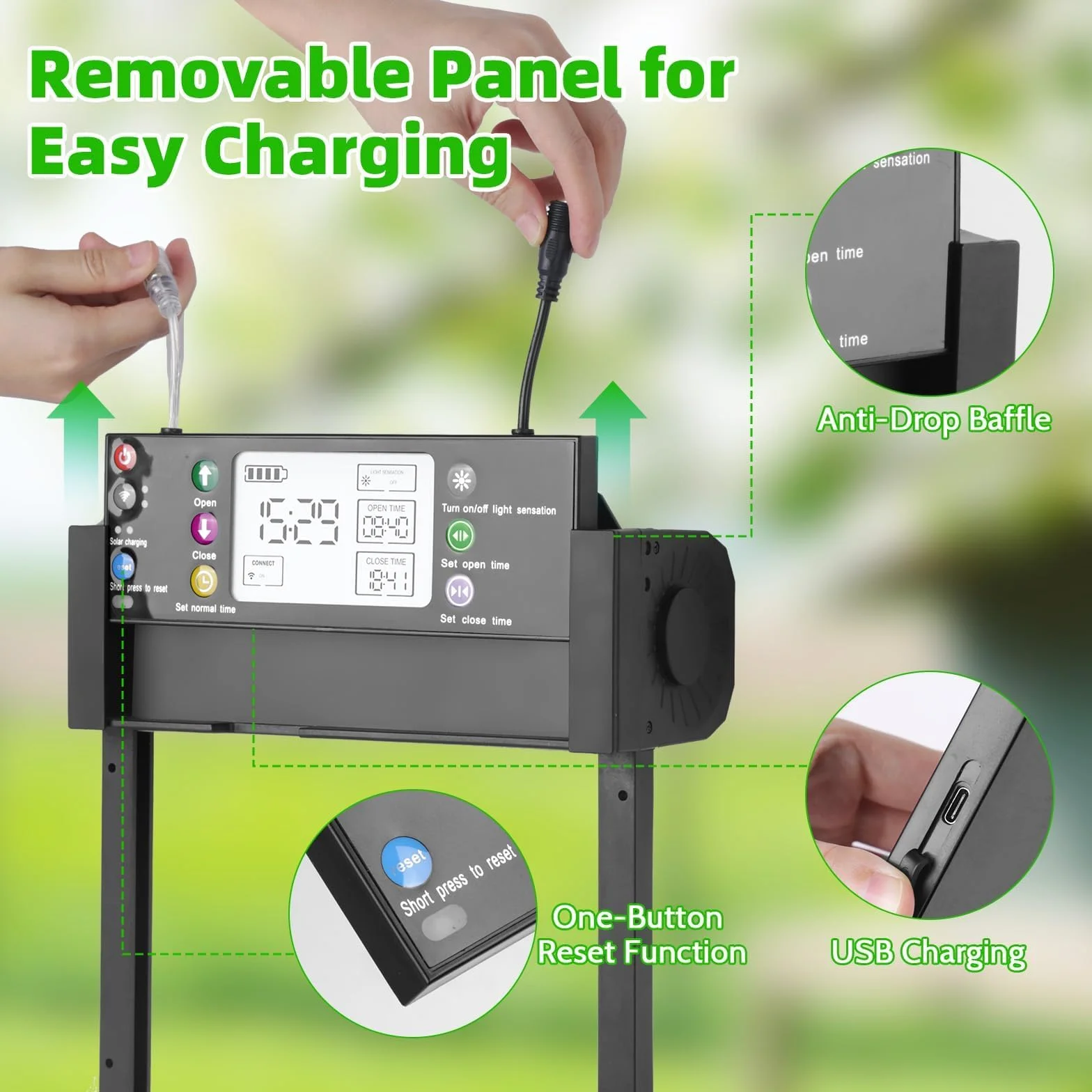 Shinmax Inteligente Puerta Automática Solar para Gallinero con App WiFi 2,4 GHz Sensor Luz Temporizador Antipinzamiento Pantalla LCD Batería 4000mAh