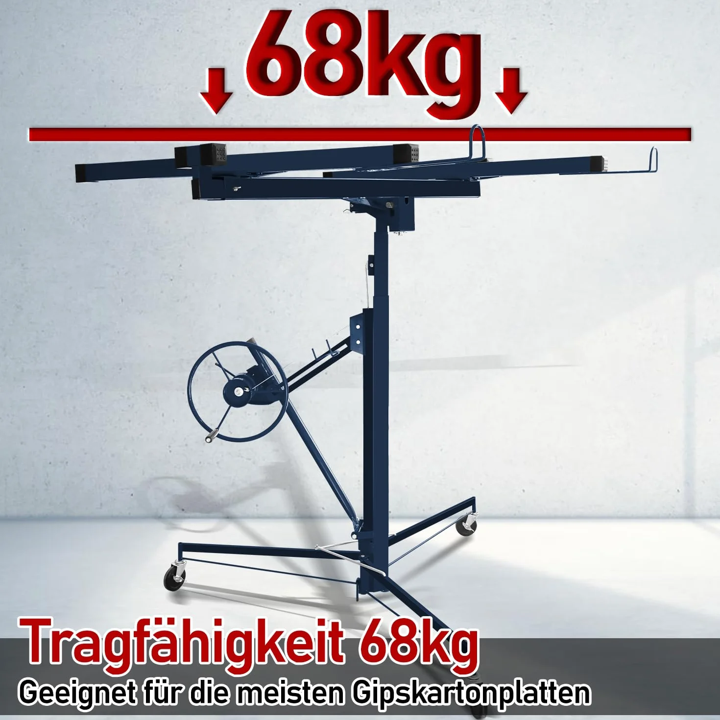 XXL elevador de placas para placas de yeso de hasta 290 cm de brazo de carga y 68 kg de capacidad de carga, altura de trabajo de 140-350 cm, 3 ruedas con freno de estacionamiento, azul