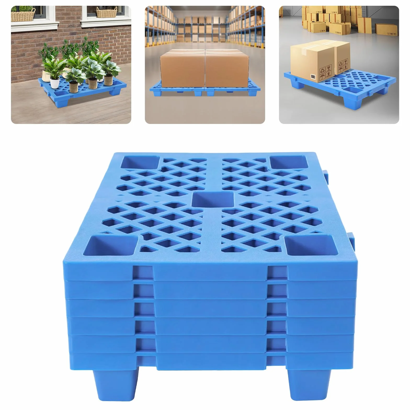 Juego de 6 paletas de plástico, 60 x 40 x 10 cm, apilables, ligeras, con base estriada y conexión a presión, para almacén, logística, exterior, cocina, trastero, hasta 100 kg (azul)