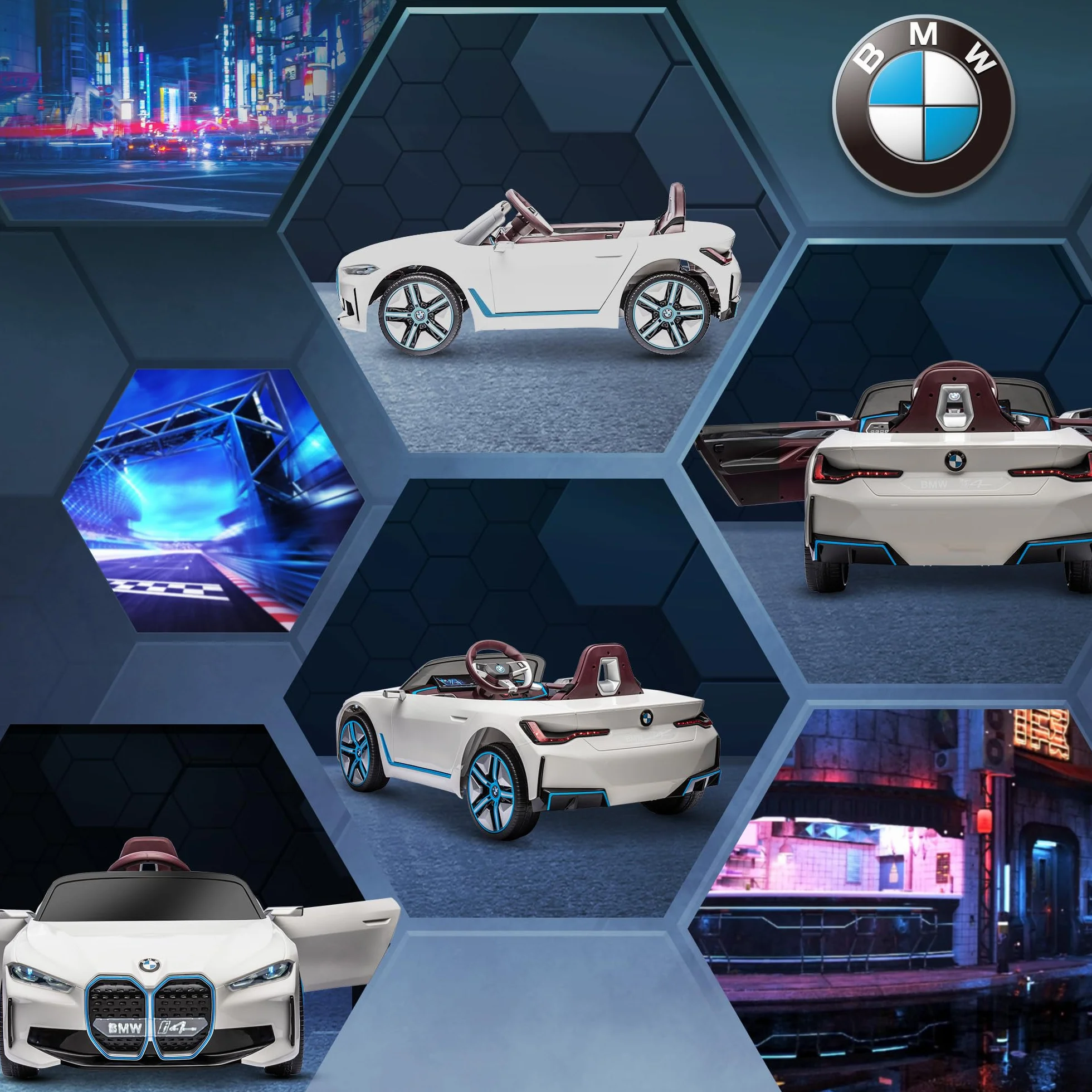 HOMCOM Coche Eléctrico para Niños BMW I4 12V con Control Remoto Música MP3 Pantalla Luces 115x67x45 cm Blanco