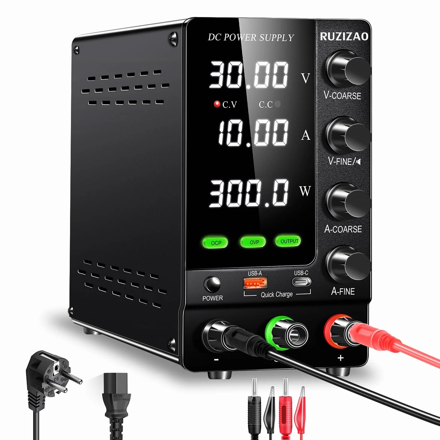 Fuente de Alimentación Regulable 30V 10A Alimentación de Laboratorio con OCP/OVP/Output/Codificadores/18W USB de Carga Rápida, Fuente de Alimentacion de Banco para Pruebas/Carga de Baterías
