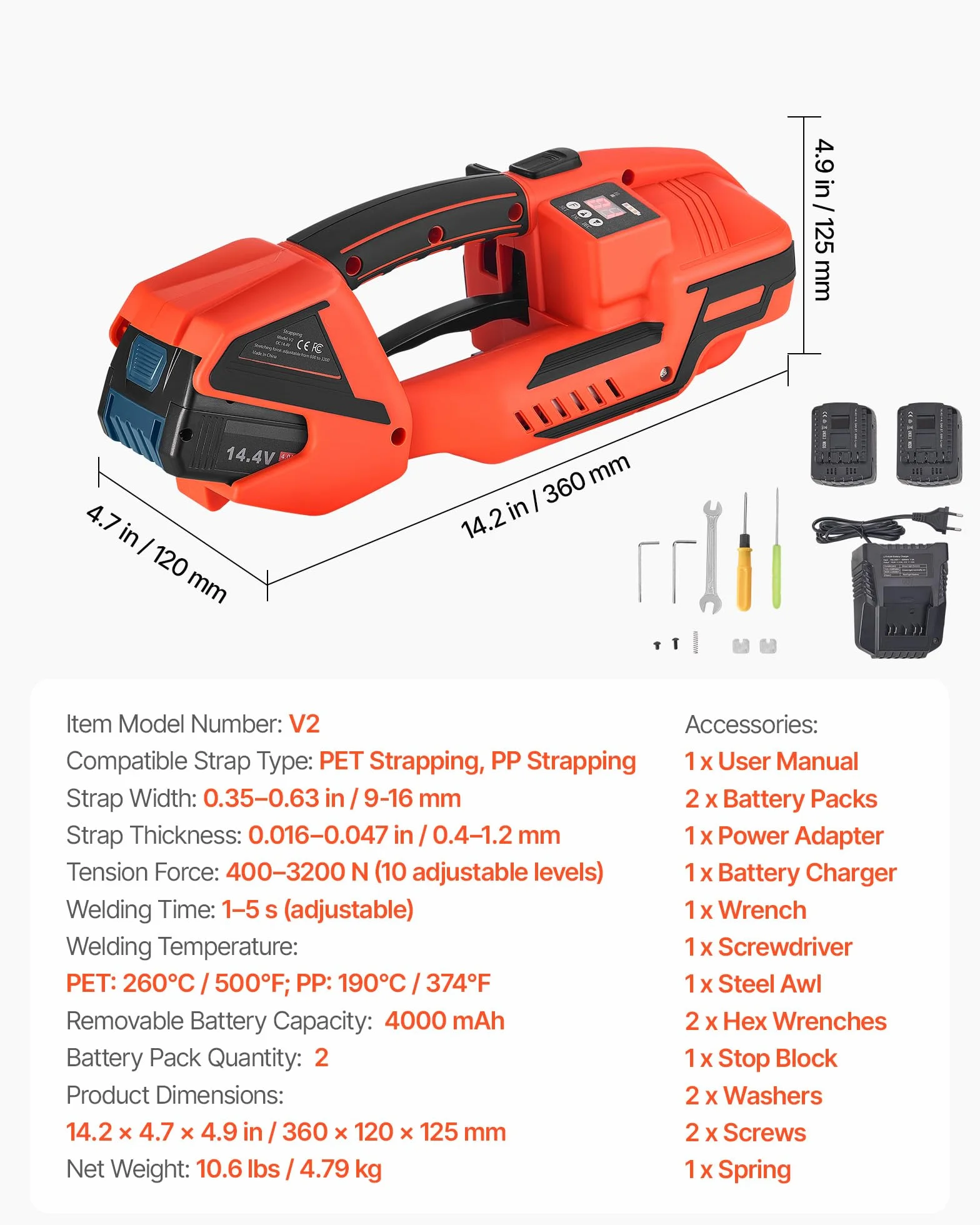 VEVOR Flejadora a 2 Baterías de 4000 mAh, con Pantalla Digital para Flejes de PP/PET de 9-16 mm de Ancho, Empaquetadora de Flejes para Fábricas, Almacenes y Centros Logísticos, 360 x 120 x 125 mm