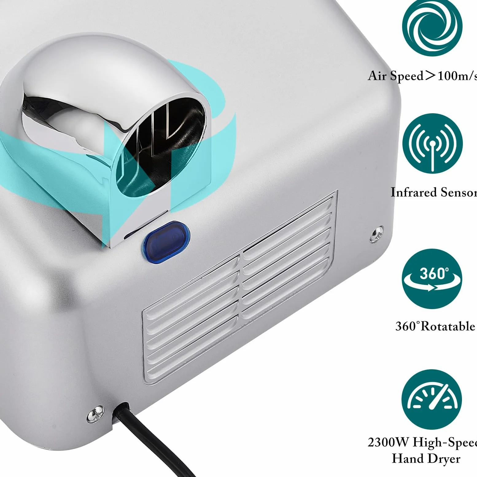 Secador de Manos Comercial, Secador Eléctrico de Pared de Alta Velocidad, 2300W, con Sensor Automático para Baños, Aseos Públicos