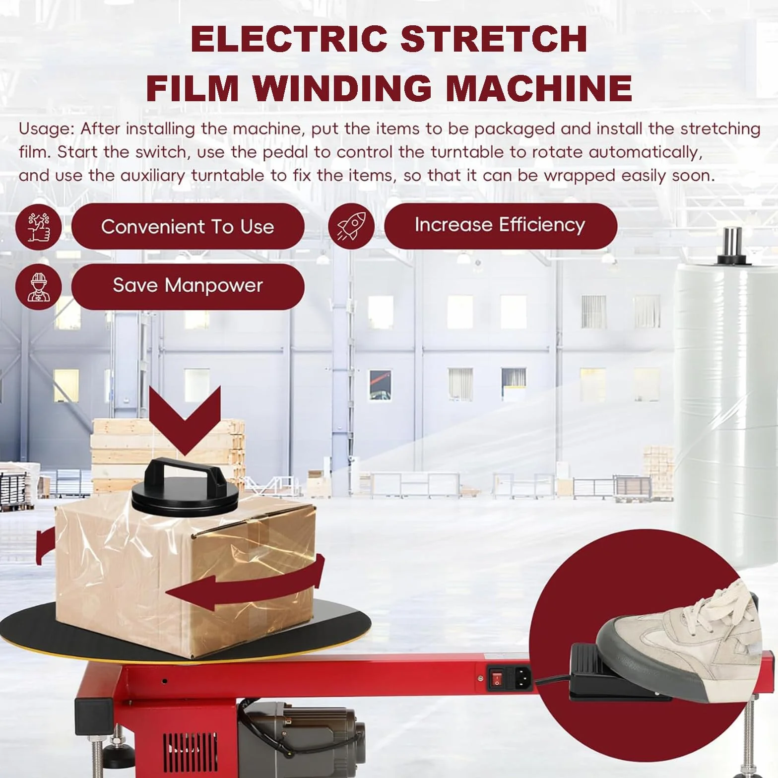 Máquina Envolvedora Eléctrica con Film Estirable, Máquina Empacadora con Dispensador de Film Estirable, Máquina Envolvedora de Cartón, Velocidad 30 RPM, la Alta Velocidad Mejora la Eficiencia