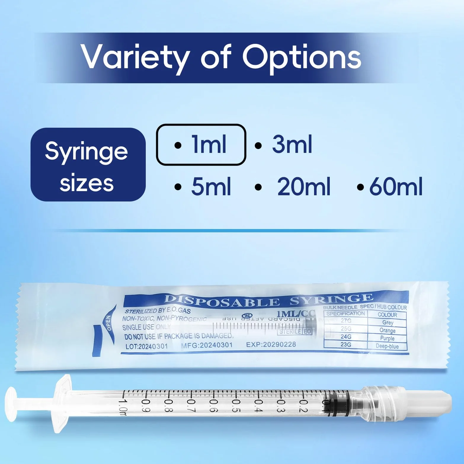 Jeringa Luer Lock de 1 ml (sin aguja), estéril, envuelta individualmente, paquete de 20, medición precisa de líquidos, diseño a prueba de fugas