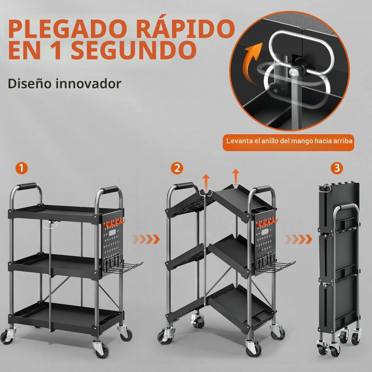 KINGRACK Carro de Herramientas con Ruedas de 3 Estantes y Mango Ergonómico, Carro de Servicio Plegable, Carro Auxiliar Taller Organizador con Placas Colgantes para Hogar Oficina Garaje Almacén, Negro