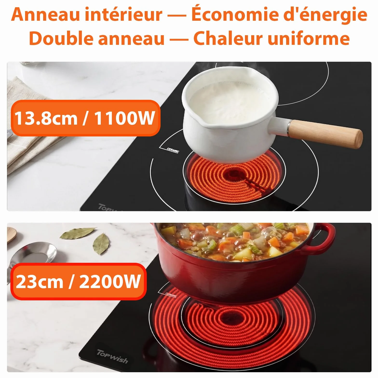 Topwish placa vitrocerámica 4 fuegos 60cm 6600W encastrable con zonas dobles y ovaladas