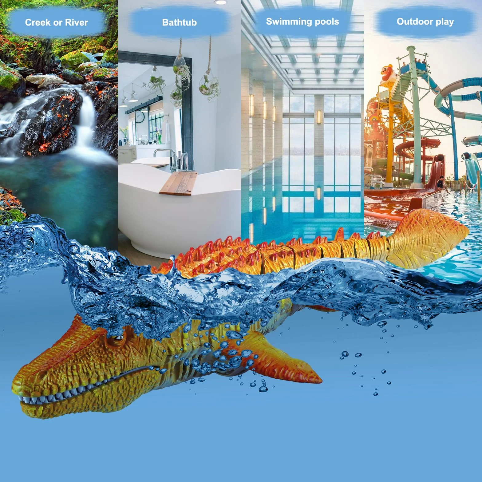 Mosasaurus Barco Teledirigido Eléctrico RC con Agua Pulverizada y Luz para Piscina Lago Baño (Amarillo)