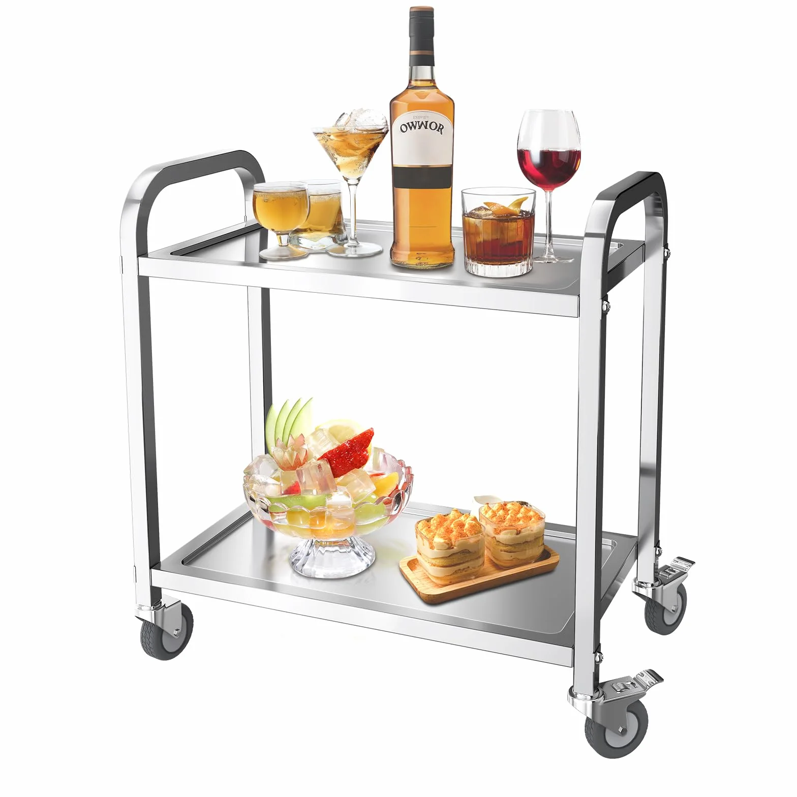 Carro de Servicio de Acero Inoxidable con 4 Ruedas, Carrito de Restaurante con 2 Estantes (75 * 40 * 83 cm)