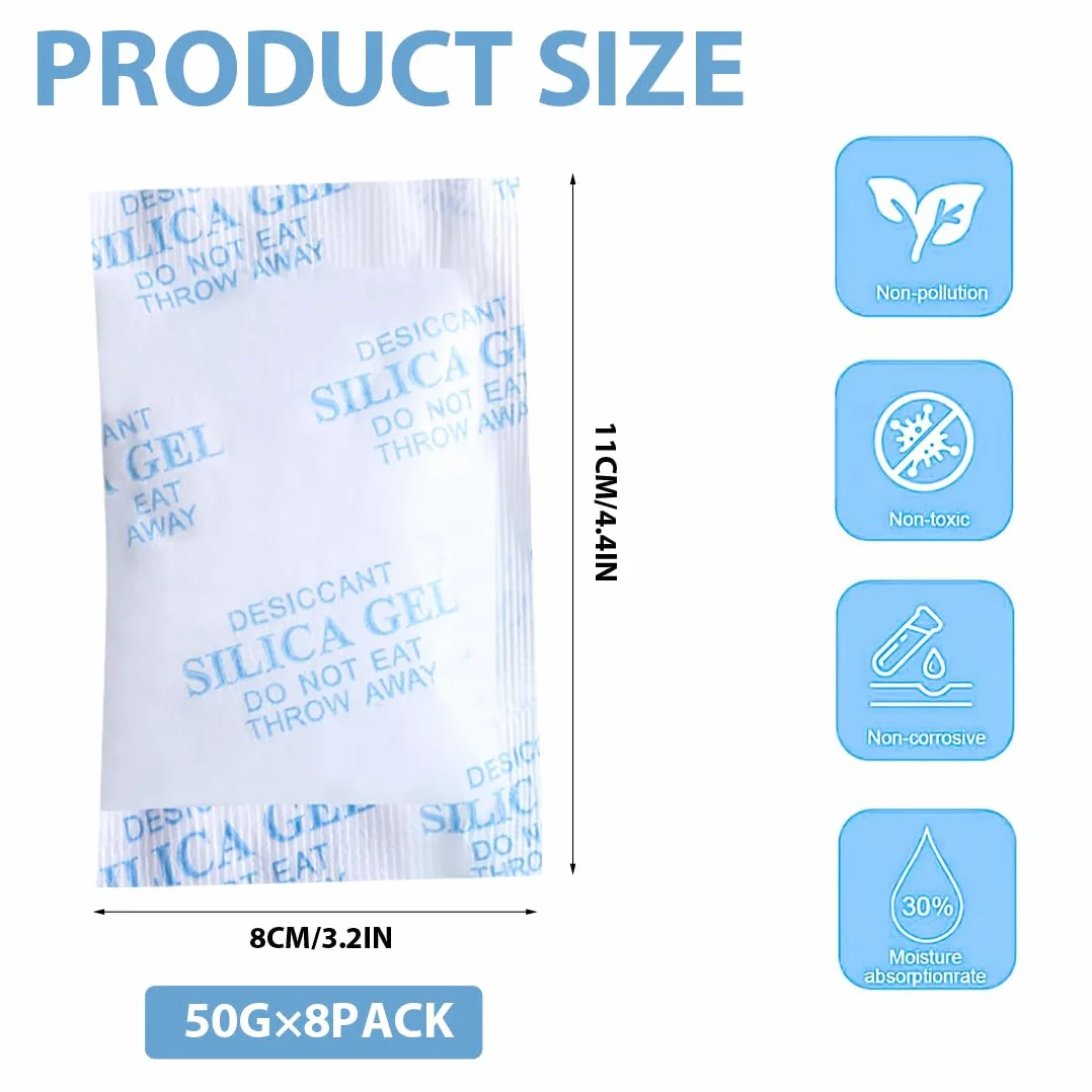 Bolsas de gel de sílice, 50 g, 8 paquetes, gel de sílice de grado alimenticio, desecante para alimentos, medicamentos, productos electrónicos, etc