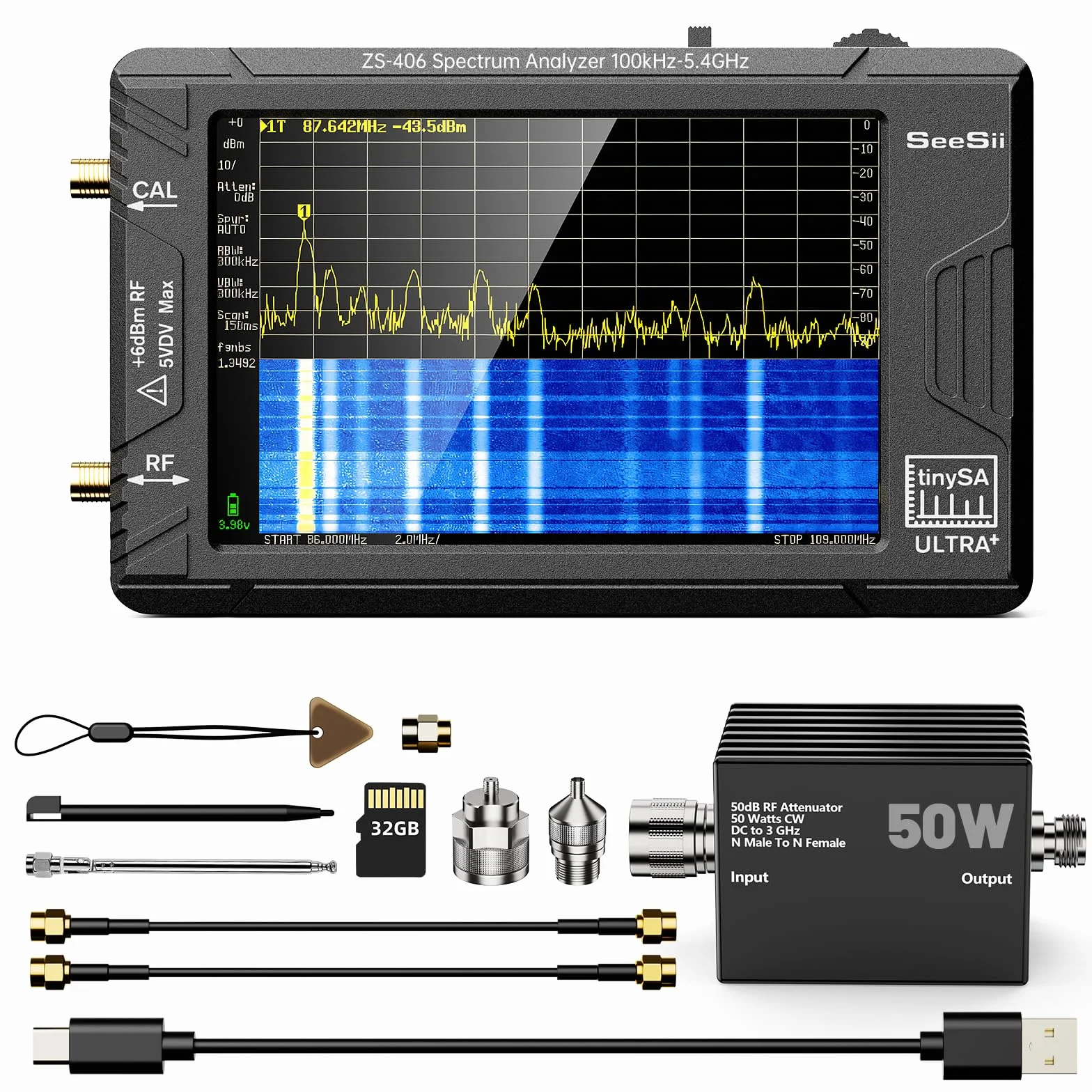 SEESII Analizador de espectro TinySA Ultra+ ZS406 con atenuador de 50 W, analizador de frecuencia de 4,0 pulgadas, 100 kHz-5,4 G Hz, generador de señal 2 en 1, 100 kHz - 800 MHz MF/VHF/HF, entrada UHF