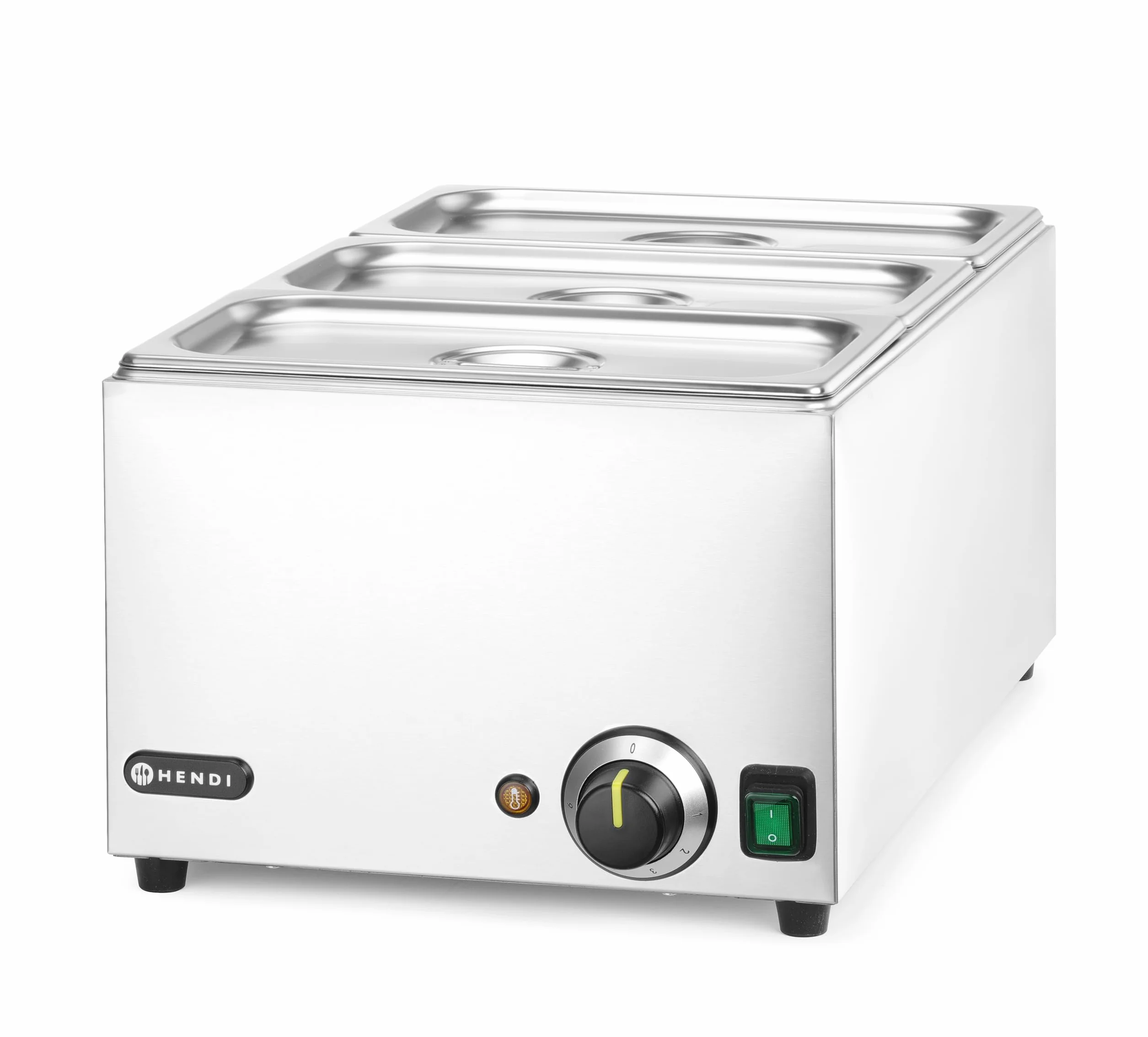 HENDI Baño María eléctrico, sistema de calentamiento al baño María, temperatura regulable 30 °C a 85 °C, incluye 3 x GN1/3 con tapa, 19L, 230V, 1000W, 590x332x(H)242mm, acero inoxidable