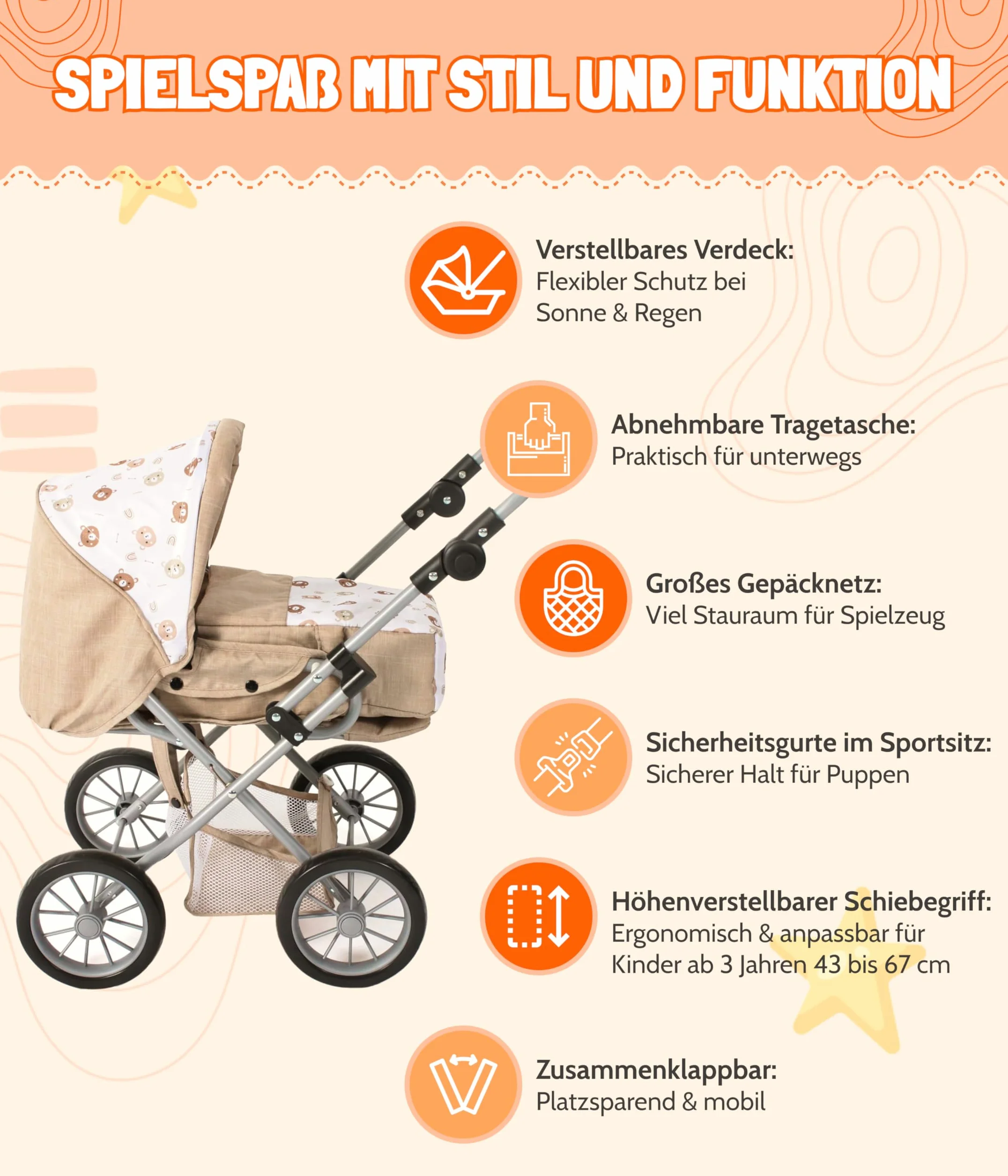 Bayer Chic 2000 Cochecito 3 en 1 para muñecas Leni, Plegable, Mango Ajustable 43-67 cm, Bolsa de Transporte, hasta 46 cm, 3 años