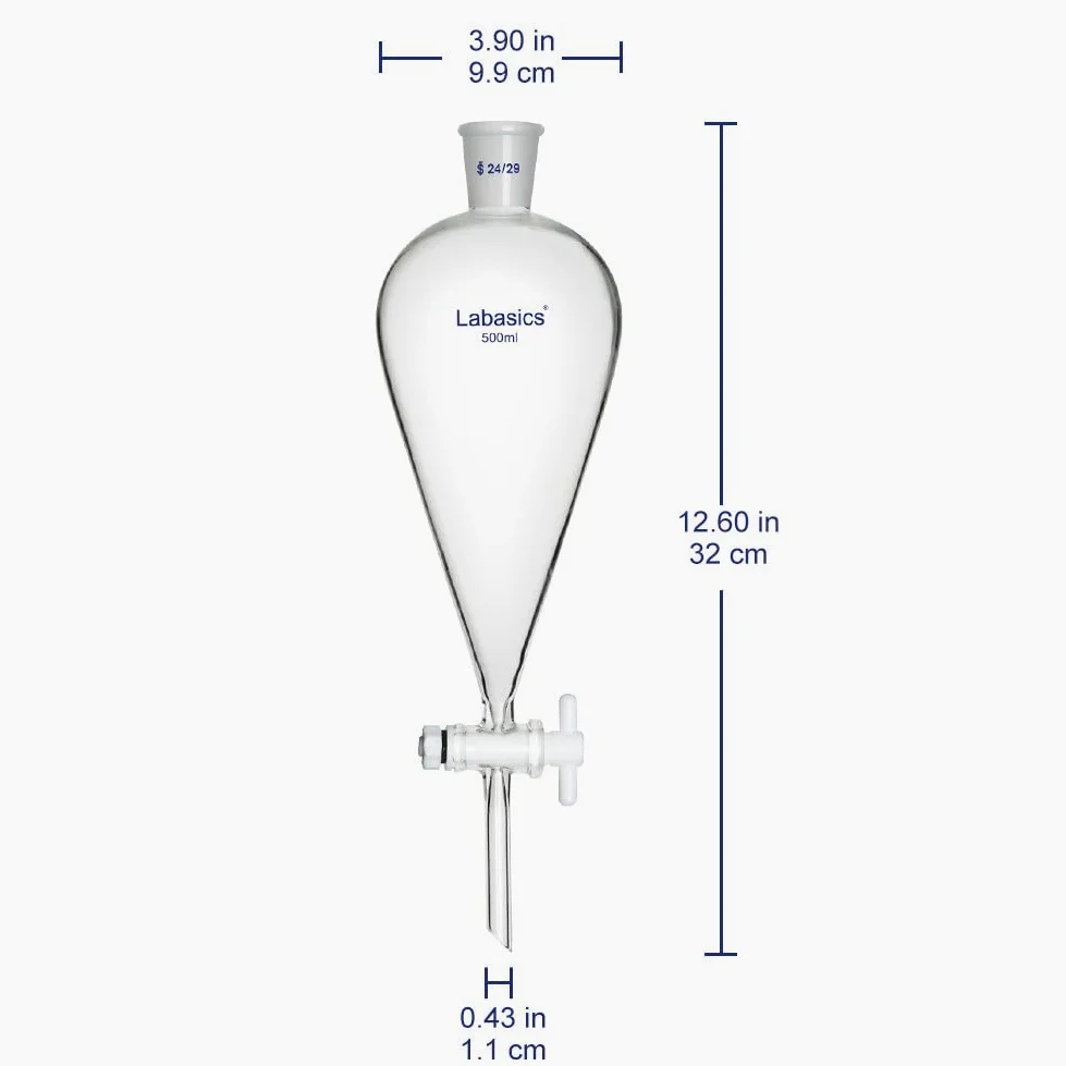 Labasics Vidrio Borosilicato 500 ml Embudo Separador Cónico de Pared Pesada con Juntas 24/29 y Llave de Paso de PTFE