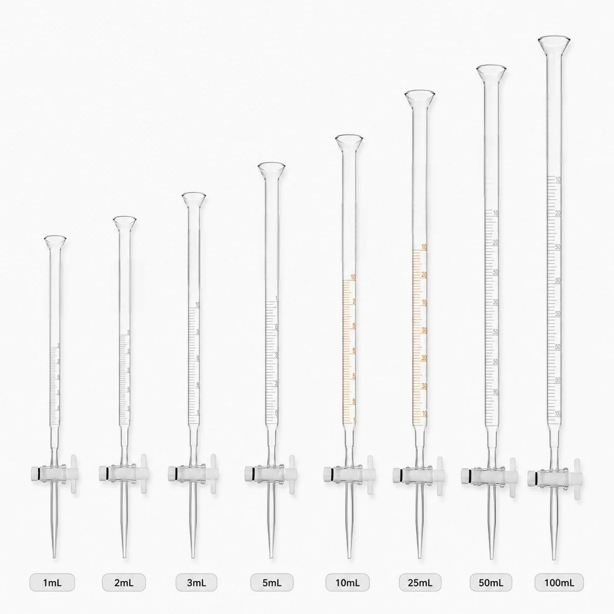 Bureta Vidrio Laboratorio Embudo Acampanado Válvula PTFE-1mL/0.01 | Material Vidrio Laboratorio Multiuso Ideal para Valoración y Análisis Multireactivo
