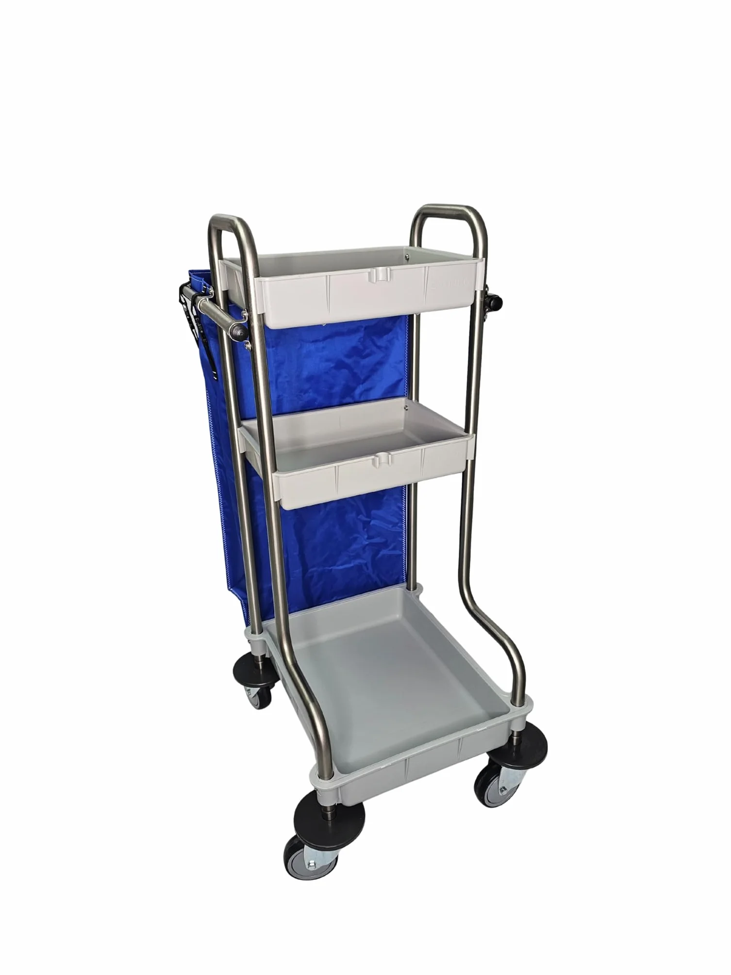 Carro de Limpieza Profesional Acero INOX 18/8 con 3 ESTANTES de Polipropileno, Ruedas de 100mm con Protector y Bolsa de 70L