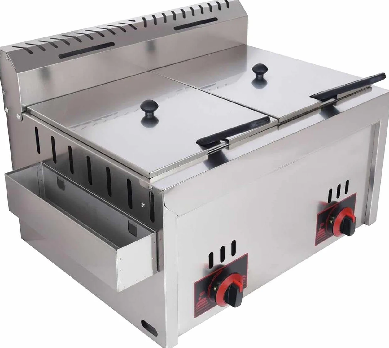 Freidora de gas comercial con tanque de condimentos de acero inoxidable, profesional de 10 L x 2, cocina eficiente, ideal para restaurantes familiares, incluye 2 cestas para papas fritas