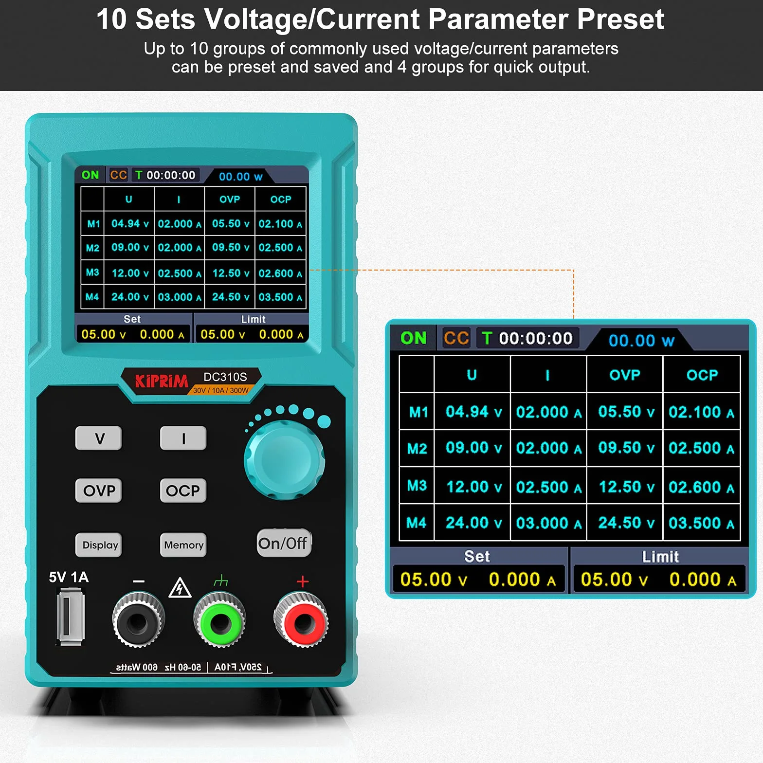 Kiprim Fuente de Laboratorio Regulable, 0-30V 0-10A 300W con Memoria Rápida M1-M4, Fuente DC Programable con Pantalla TFT, Protección OVP/OCP/OTP, Puertos USB - DC310S
