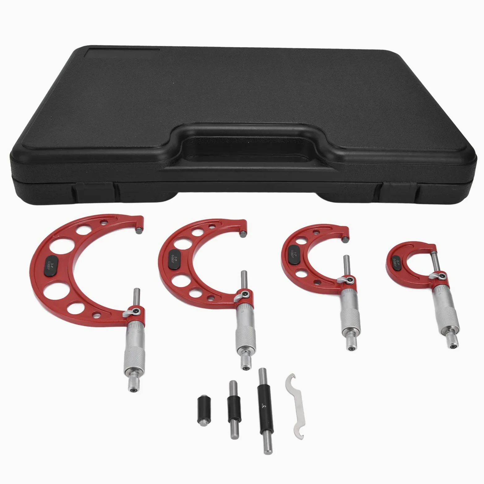Juego de 4 Micrómetros Exteriores, Herramienta de Maquinista de Precisión de 0,0001 Pulgadas, Acero Inoxidable Endurecido con Estándar de Calibración, Llave, para Medir Diámetro, Longitud,