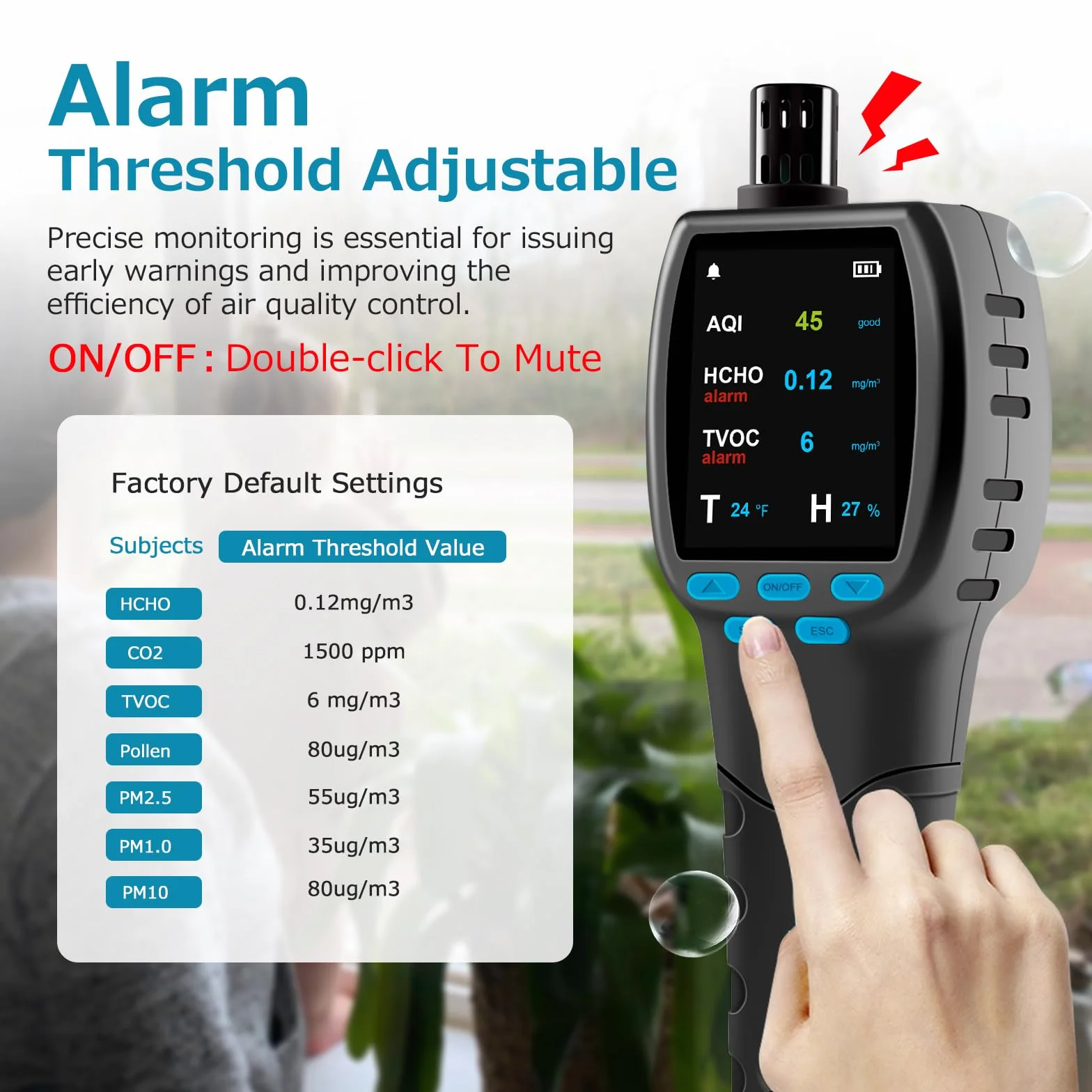 CF‑60 PP Monitor de Calidad del Aire portátil con gráficos de Datos en el Dispositivo e informes exportátiles, Detector portátil 16 en 1 para AQI, CO₂, TVOC, HCHO, PM2.5/10/1.0, Polen, etc