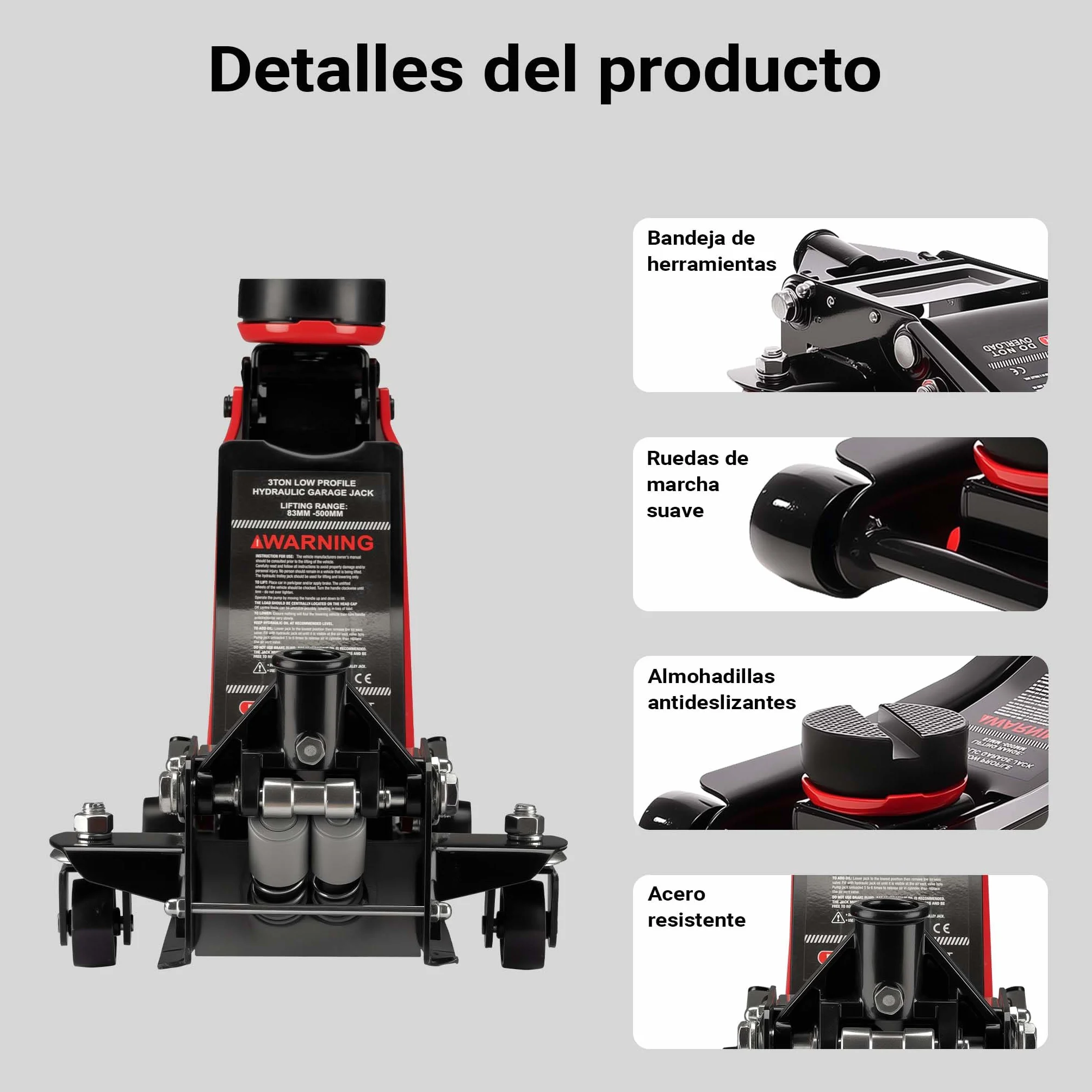 XPOtool Gato hidráulico de Perfil bajo 3 t con Bomba Doble, Altura de elevación 85-500 mm para elevar Coches y Otros vehículos Gato de maniobra Gato de Carretilla