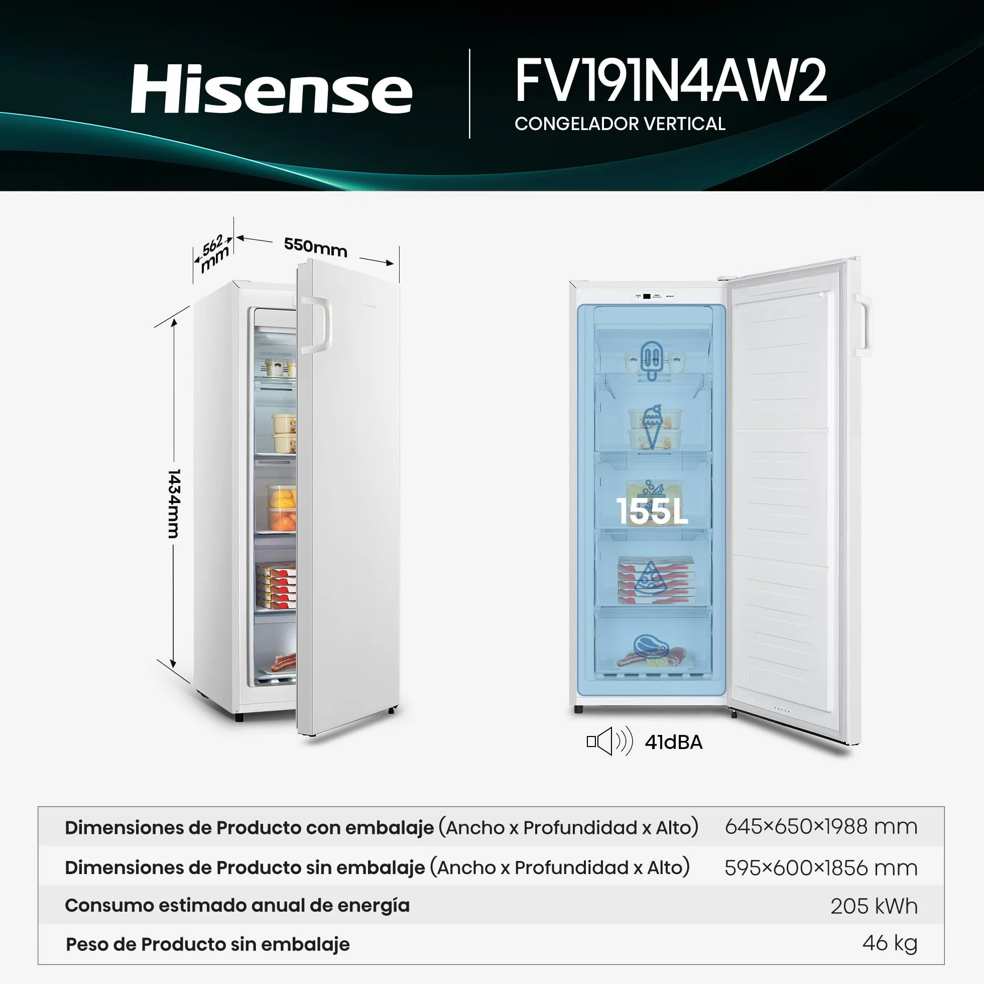 Hisense Congelador FV191N4AW2 TotalNoFrost Superfreeze 147L 205 kWh Blanco