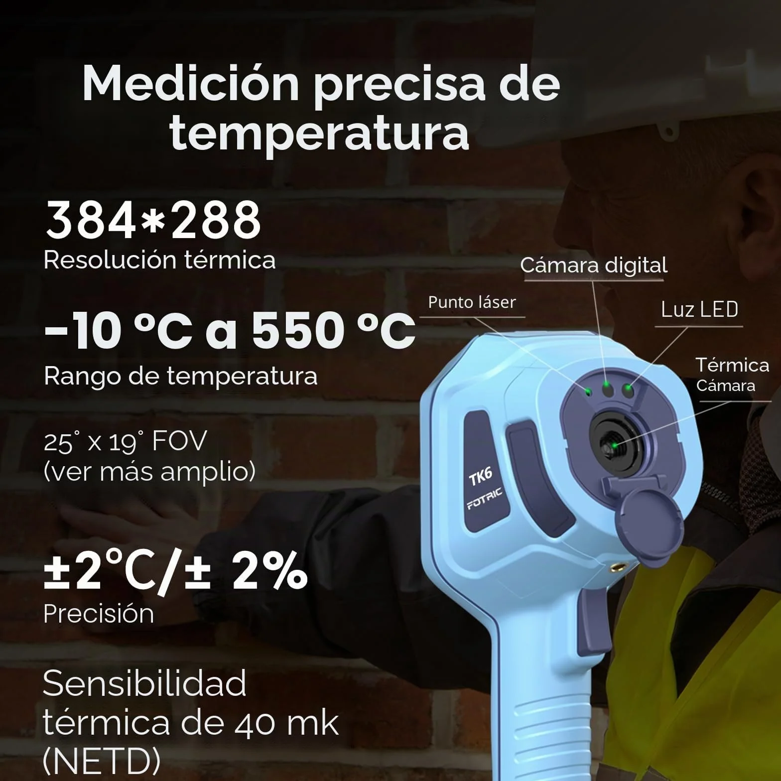 TK6 Cámara Termográfica 384x288, 30Hz, 40mK NETD, Enfoque Manual 0,15m, -20°C a 550°C, IPS Táctil 3,5", 5MP, Inspección Eléctrica, Termografía Edificios, Fotovoltaica y HVAC