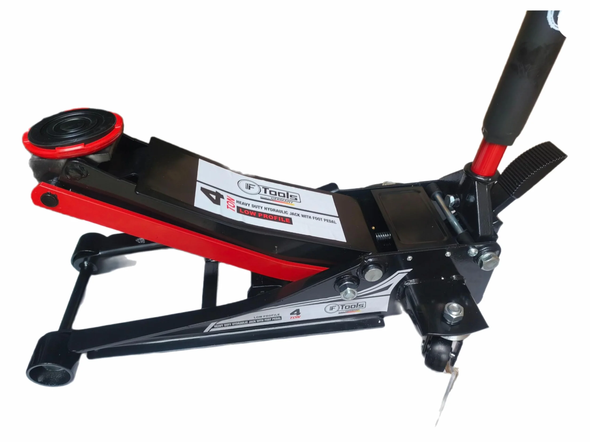 Gato hidráulico de 4T de doble pistón con pedal – Extra plano 75–500 mm – Elevación rápida y ruedas de 360° – Auto, SUV y furgoneta – Gato de taller profesional para maniobras