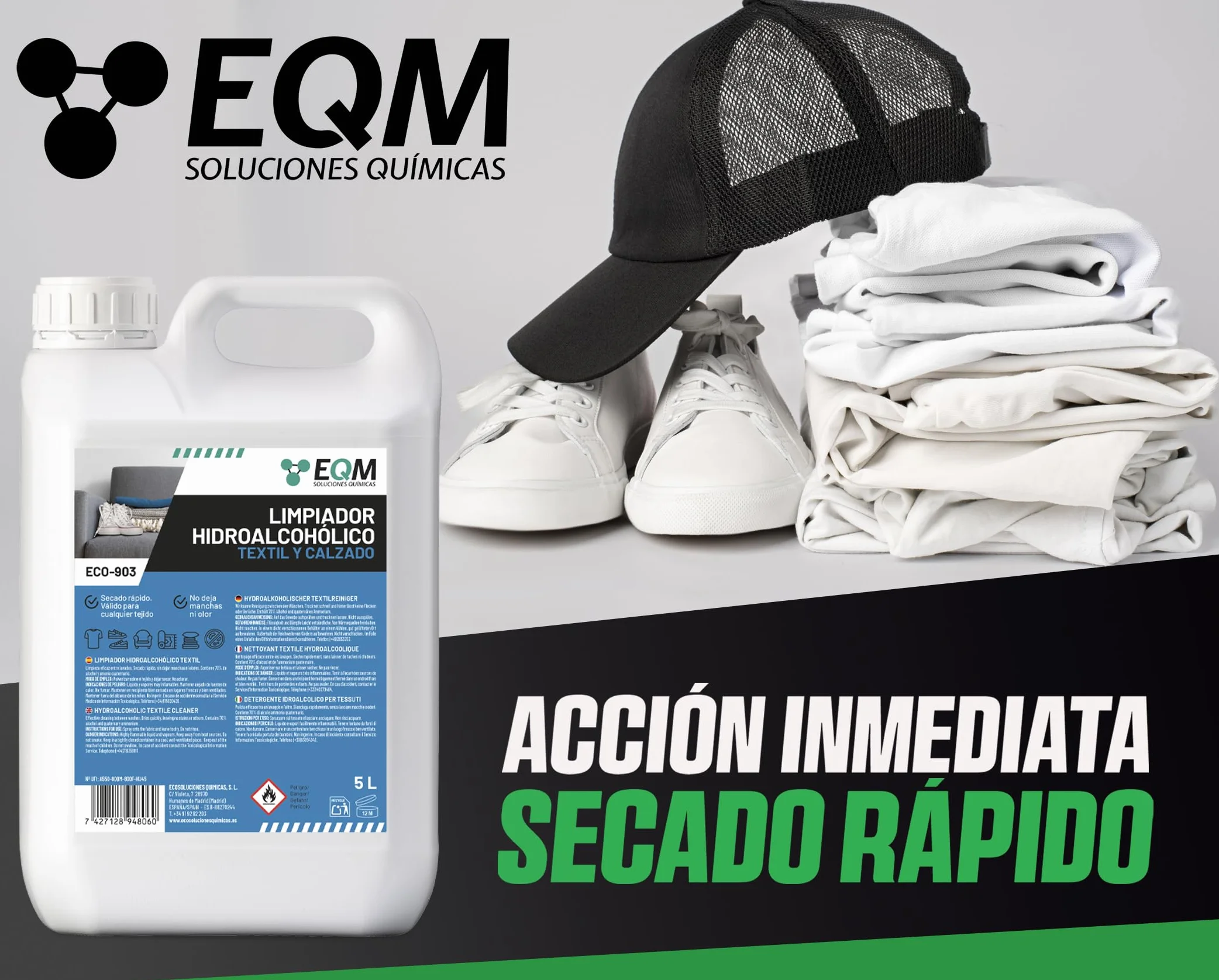 EQM ECO-903 Higienizante Textil Directa 5L Ropa Calzado Secado Rápido Acción Inmediata