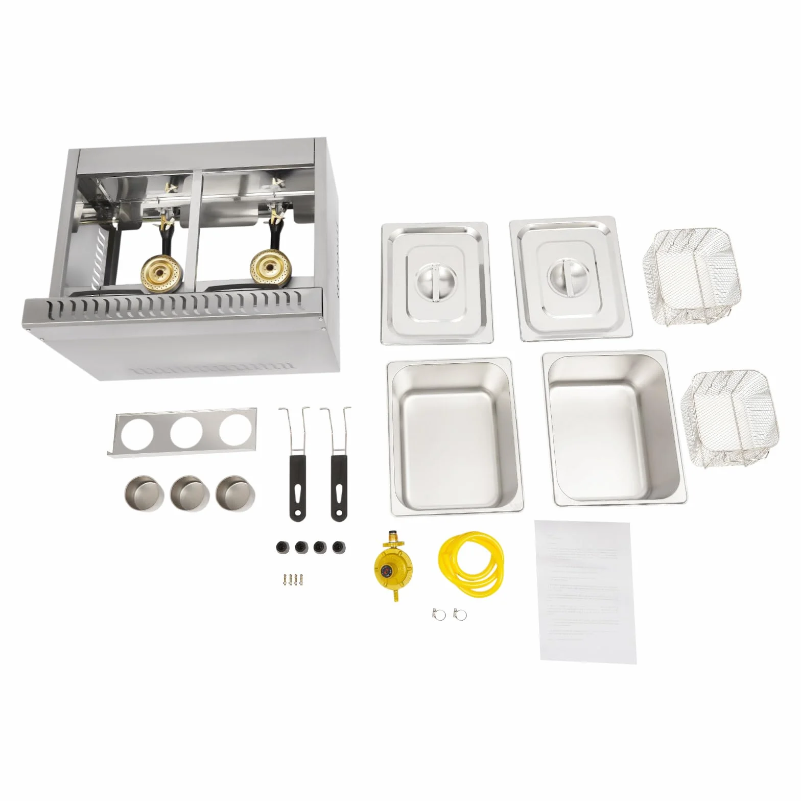 Freidora gastronómica doble de gas de acero inoxidable 430, 2 x 6,34 l, 50 – 380 °C, con tapa para patatas fritas, pollo, comercial, para restaurante, aperitivo, cocina comercial, fiesta