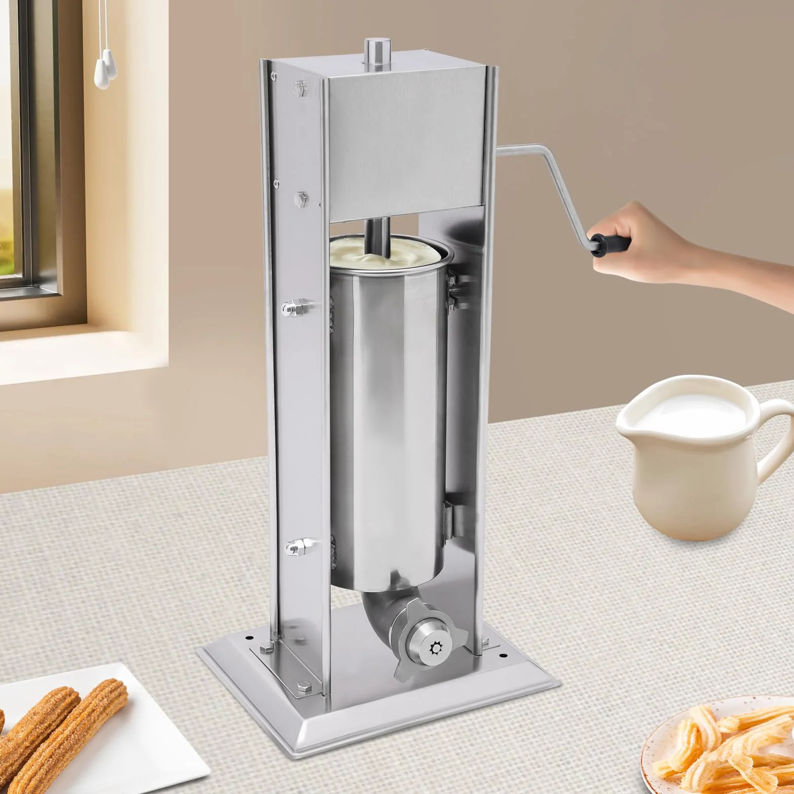 Máquina de churros manual profesional de 5 litros multifuncional para aperitivos, máquina de churros de acero inoxidable comercial con 4 boquillas (3 formas diferentes), para uso comercial o privado