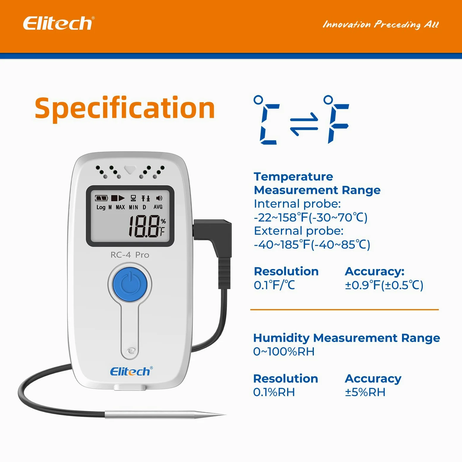 Elitech RC-4 - Grabadora de datos de temperatura con sensor de temperatura externo