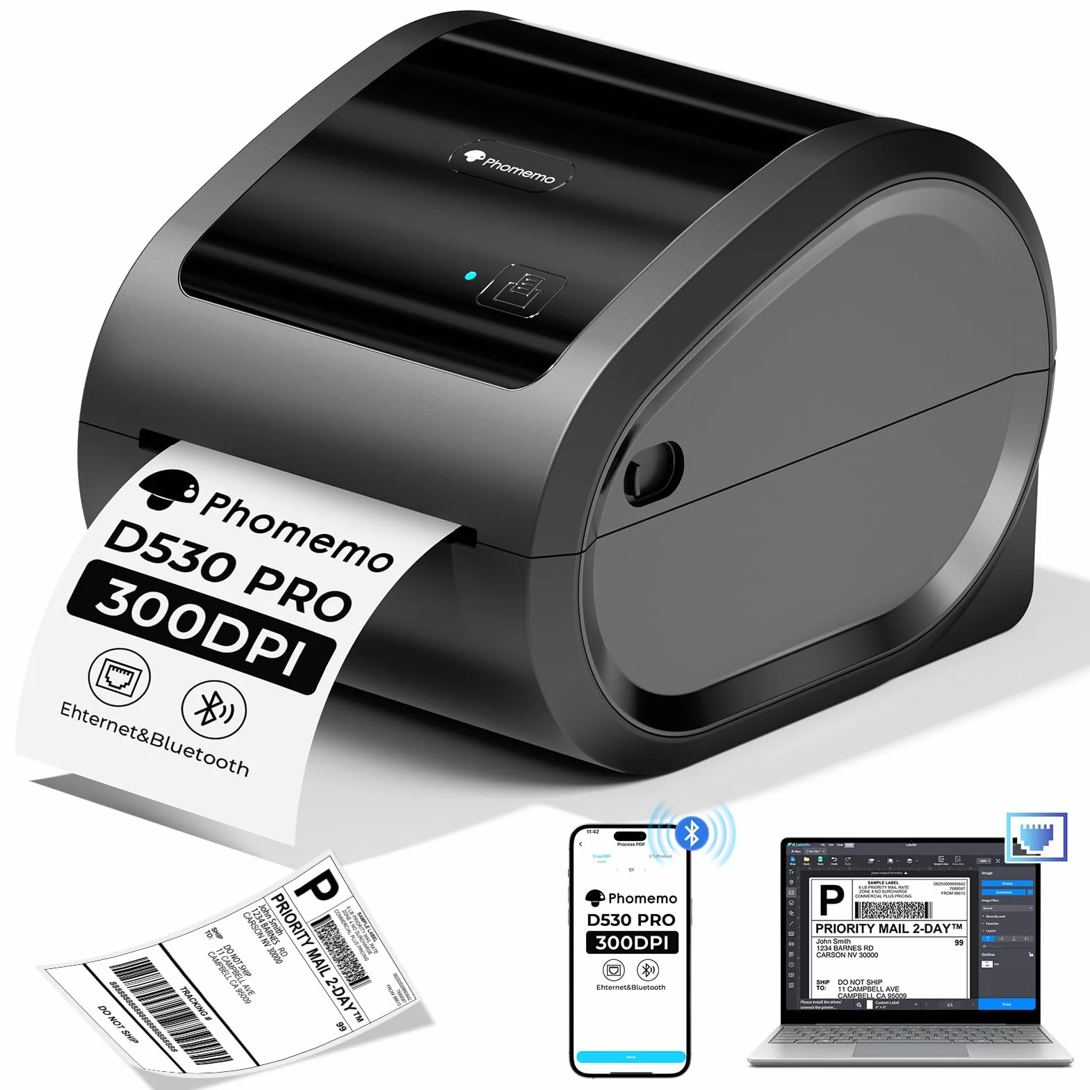Phomemo Ethernet Impresora Etiquetas Envío, Impresora Térmica de 300ppp para Empresas, Compatible con Ethernet, Bluetooth y USB, Compatible con Amazon, Vinted, Etsy, Correos, Wallapop, DPD, DHL y UPS