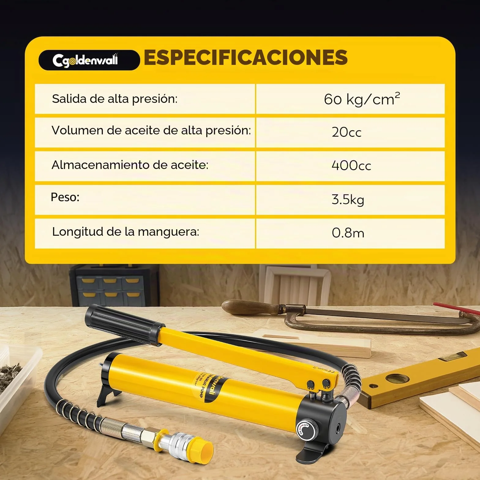 CGOLDENWALL CP-180 Bomba Hidraulica Manual, con Manguera de 0,8m, Alta Presión 60kg/cm², Capacidad de Aceite 400cc, para Herramienta Hidraulica