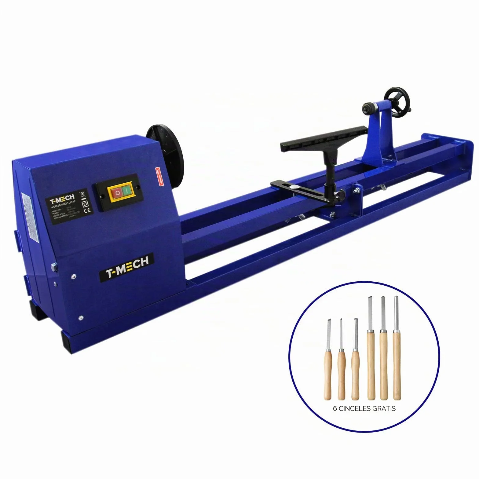 T-Mech Torno de madera (400W W, torno Ø 350mm, ancho de punta 100cm, soporte para herramientas, marco de guía estable, transmisión por correa en V)