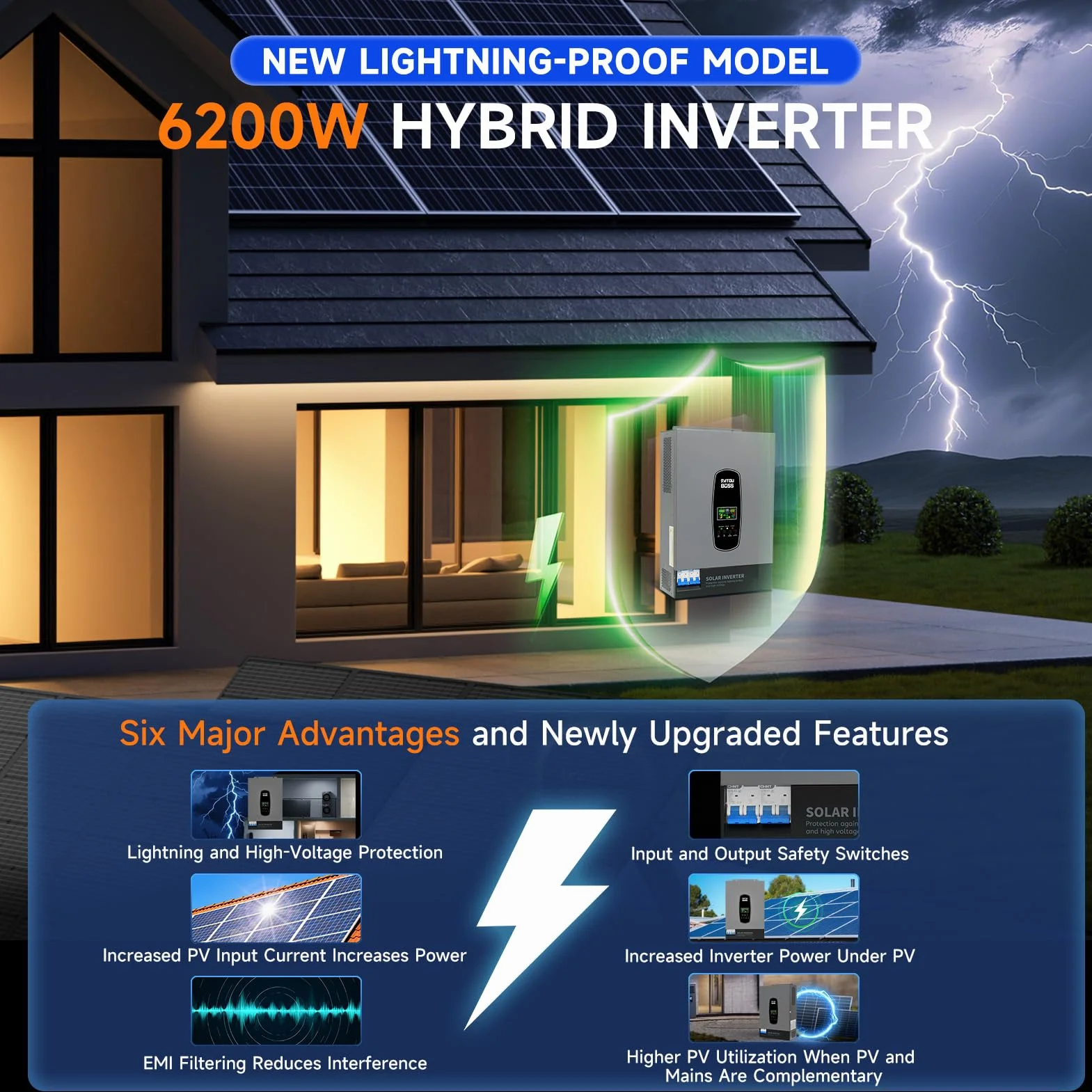 DATOUBOSS 6200W Inversor Híbrido 48V,Inversor Solar Híbrido 48v de Onda Sinusoidal Pura,Potencia de Entrada fotovoltaica de 8500W,Admite Funcionamiento sin Batería,120A MPPT,con WiFi