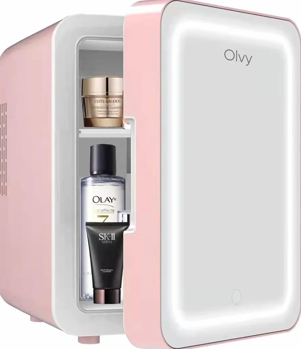 Mini Nevera Portátil Cosmética 4L con Espejo LED, Enfriamiento y Calentamiento, Rosa